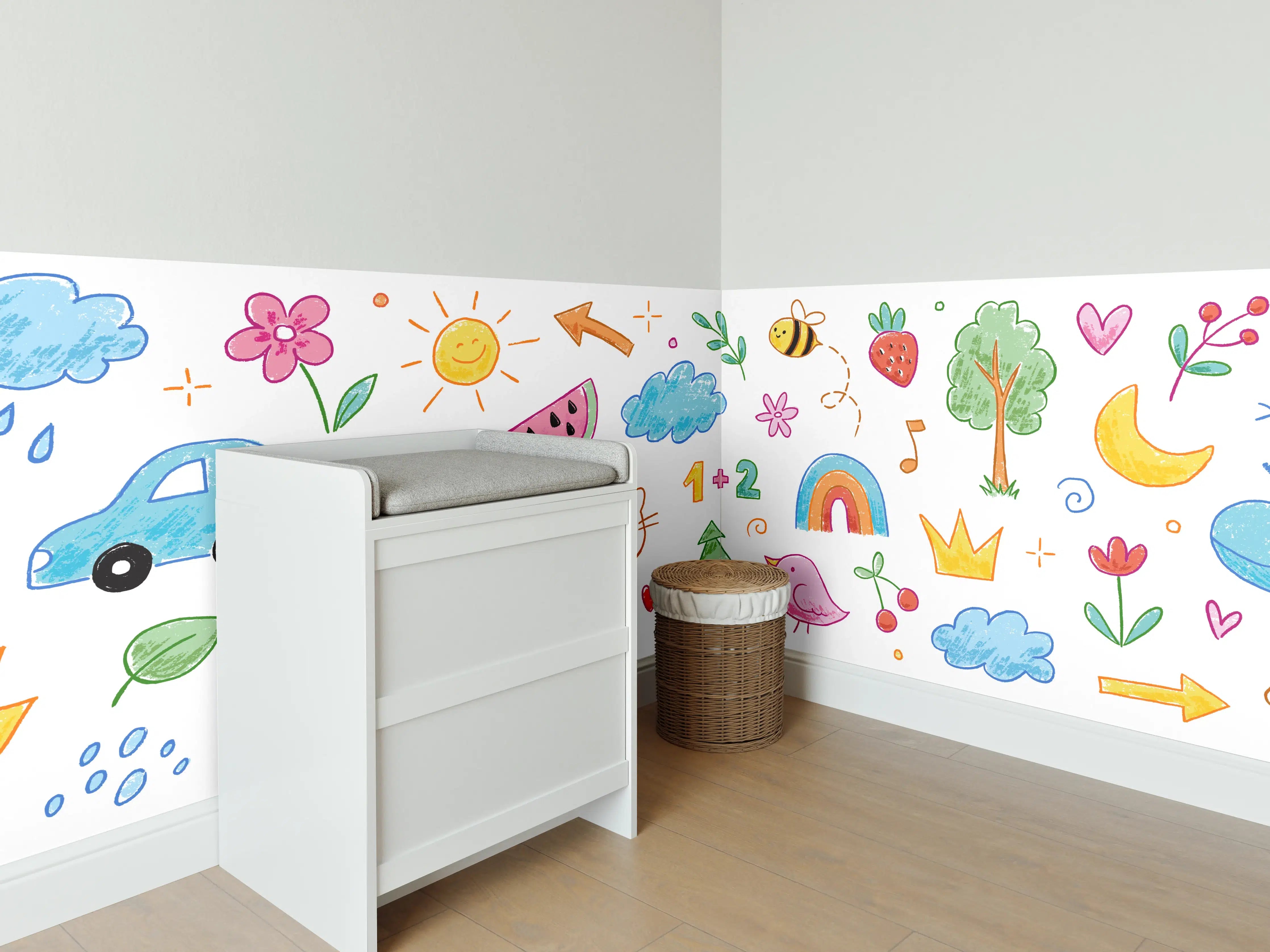 Babyzimmer Wandgestaltung - Bunte Kinderzeichnung mit Naturmotiven
