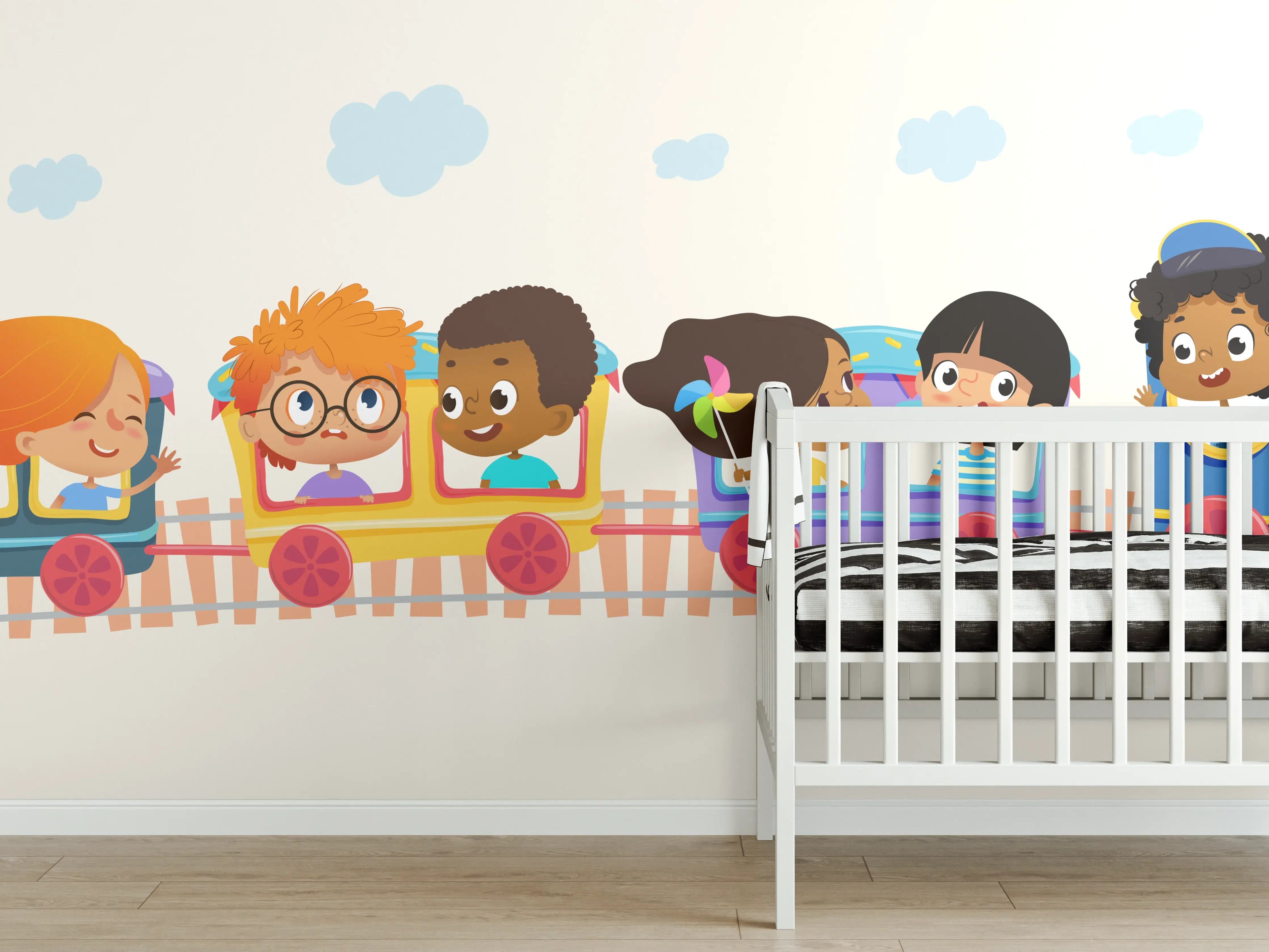 Babyzimmer Wandgestaltung - Bunte Kinderzug mit lachenden Kindern