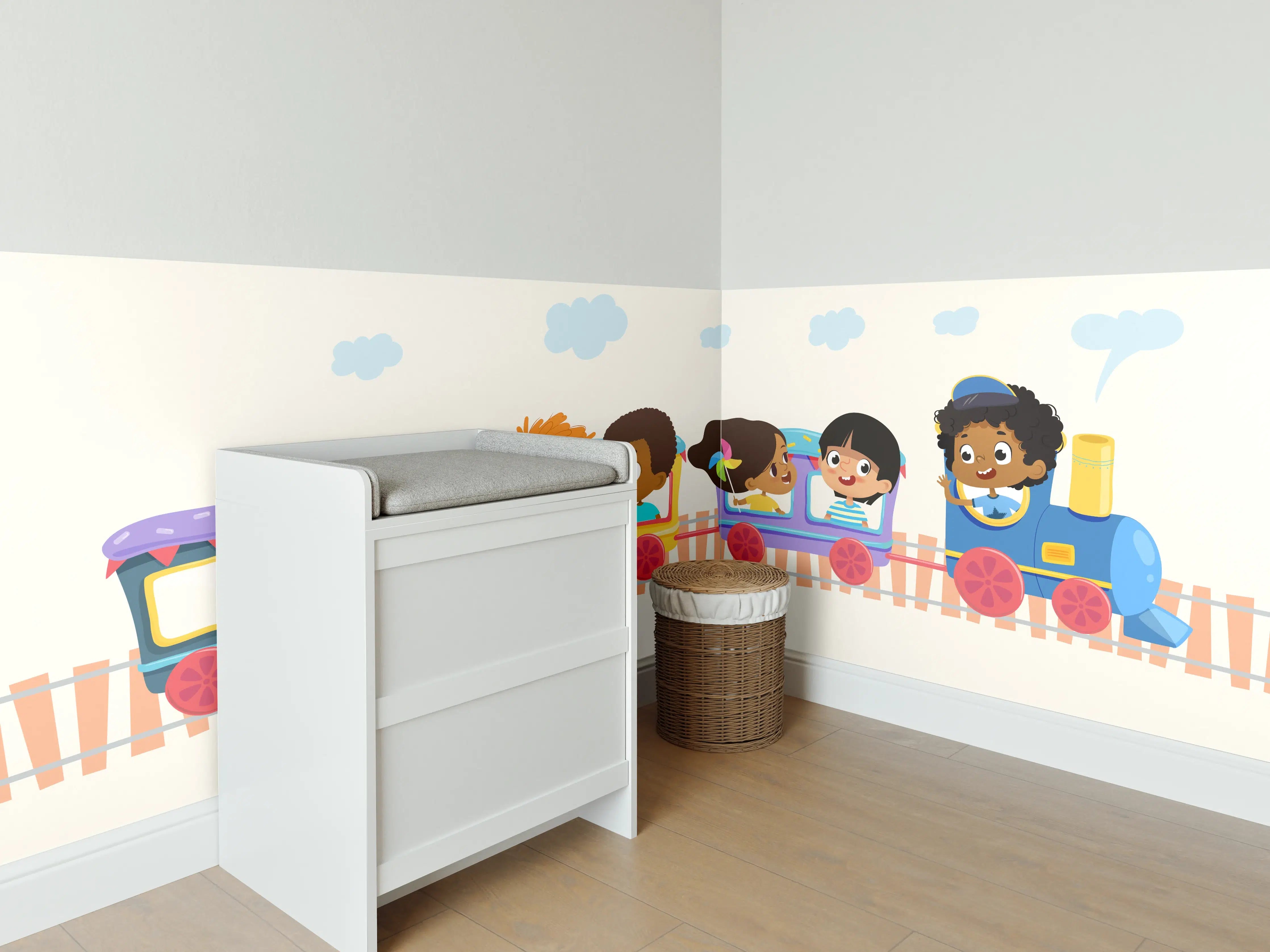 Babyzimmer Wandgestaltung - Bunte Kinderzug mit lachenden Kindern