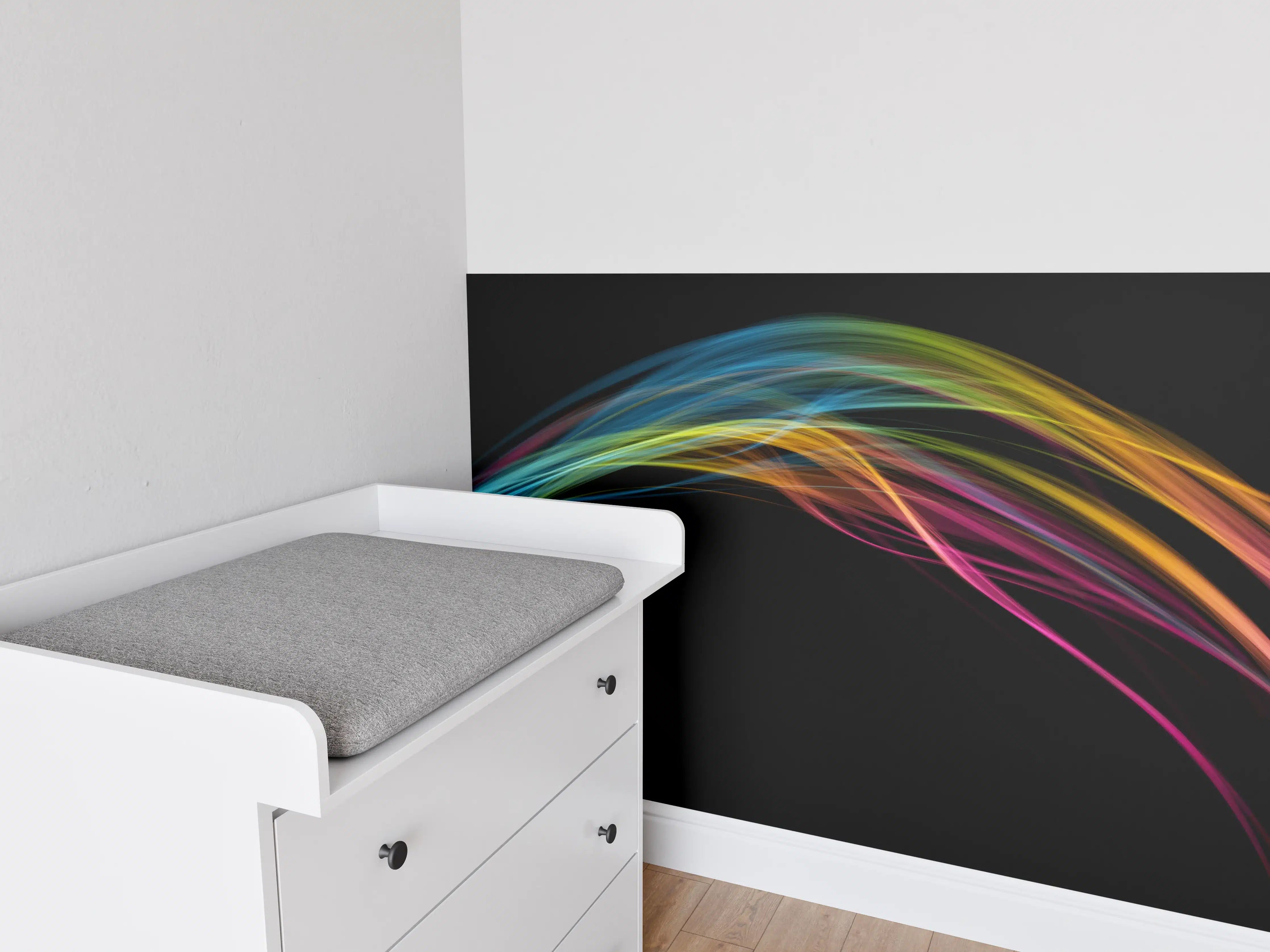 Babyzimmer Wandgestaltung - Bunte Lichtwellen auf schwarzem Hintergrund