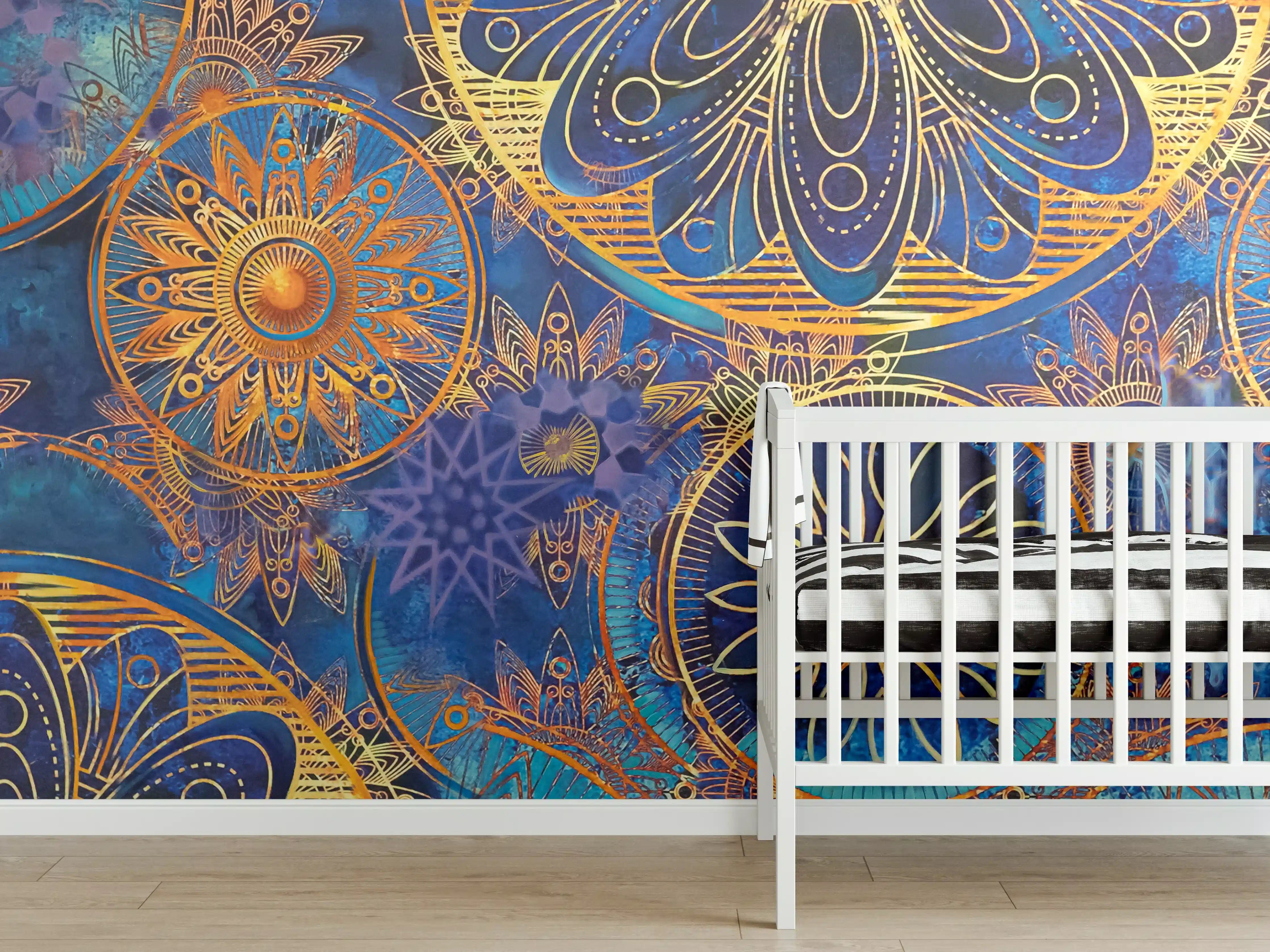 Babyzimmer Wandgestaltung - Bunte Mandala-Designs mit goldenen Akzenten
