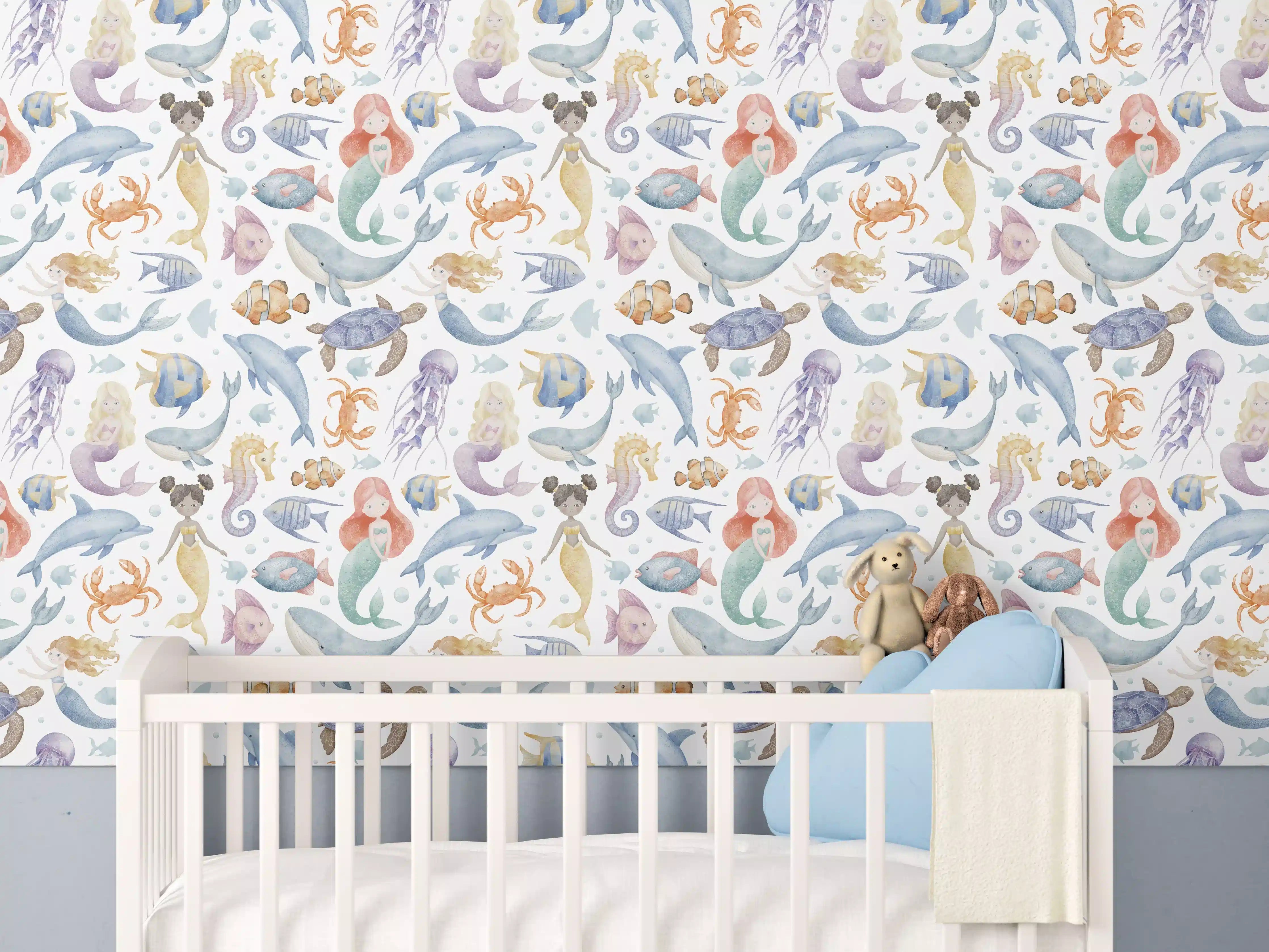 Babyzimmer Wandgestaltung - Bunte Meereswelt mit Fischen und Meerestieren