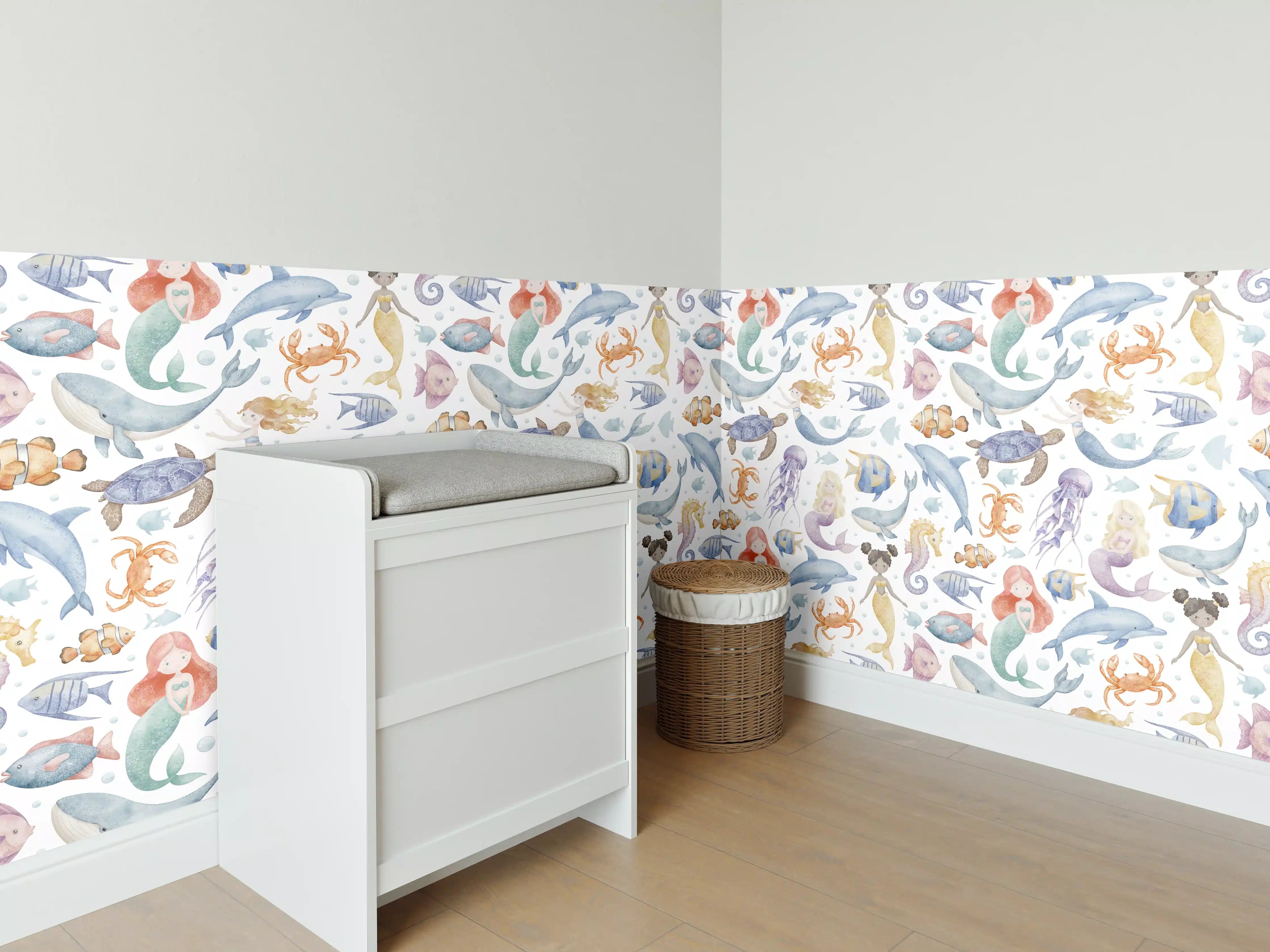 Babyzimmer Wandgestaltung - Bunte Meereswelt mit Fischen und Meerestieren