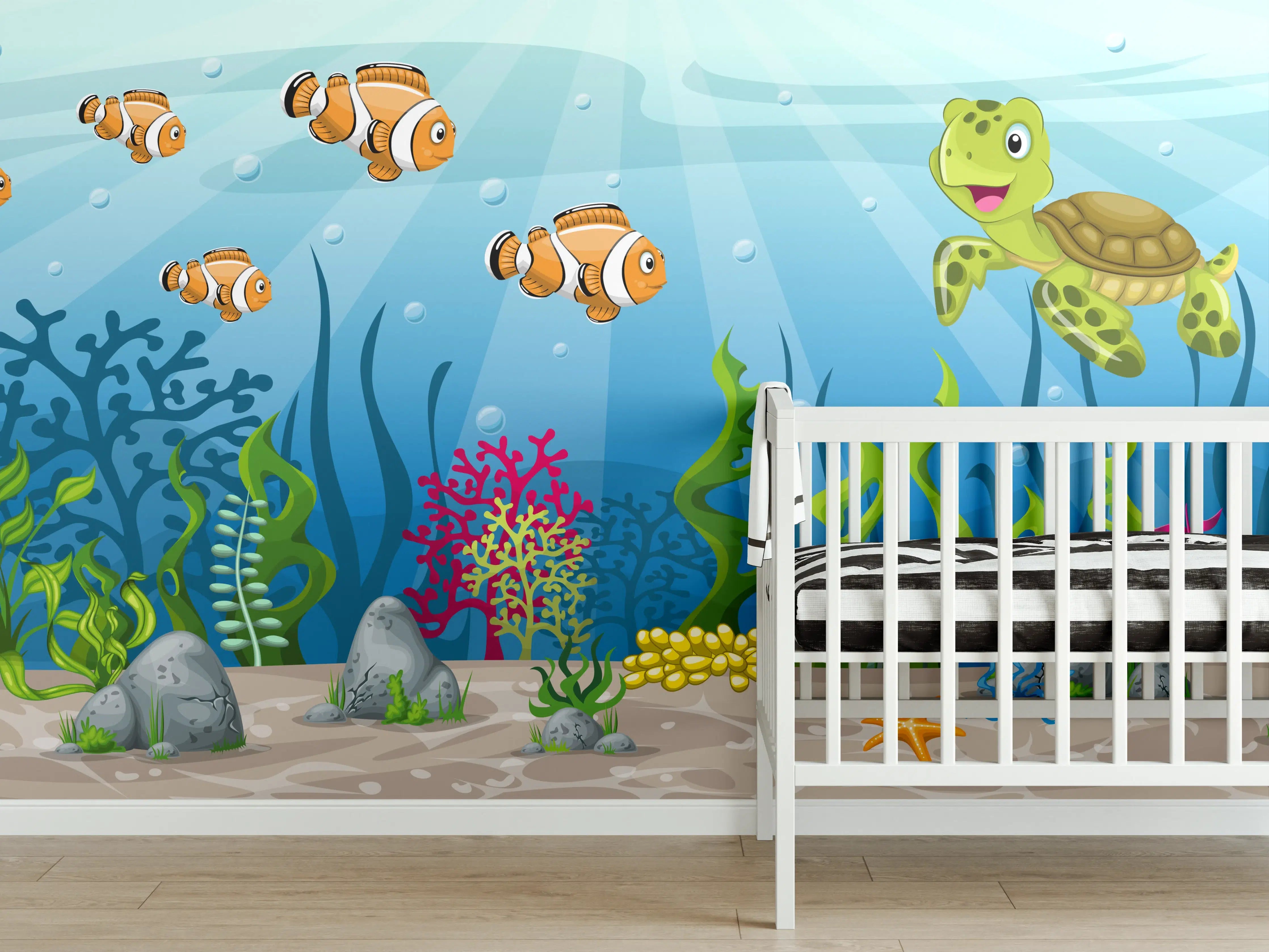 Babyzimmer Wandgestaltung - Bunte Meereswelt mit Fischen und Schildkröte