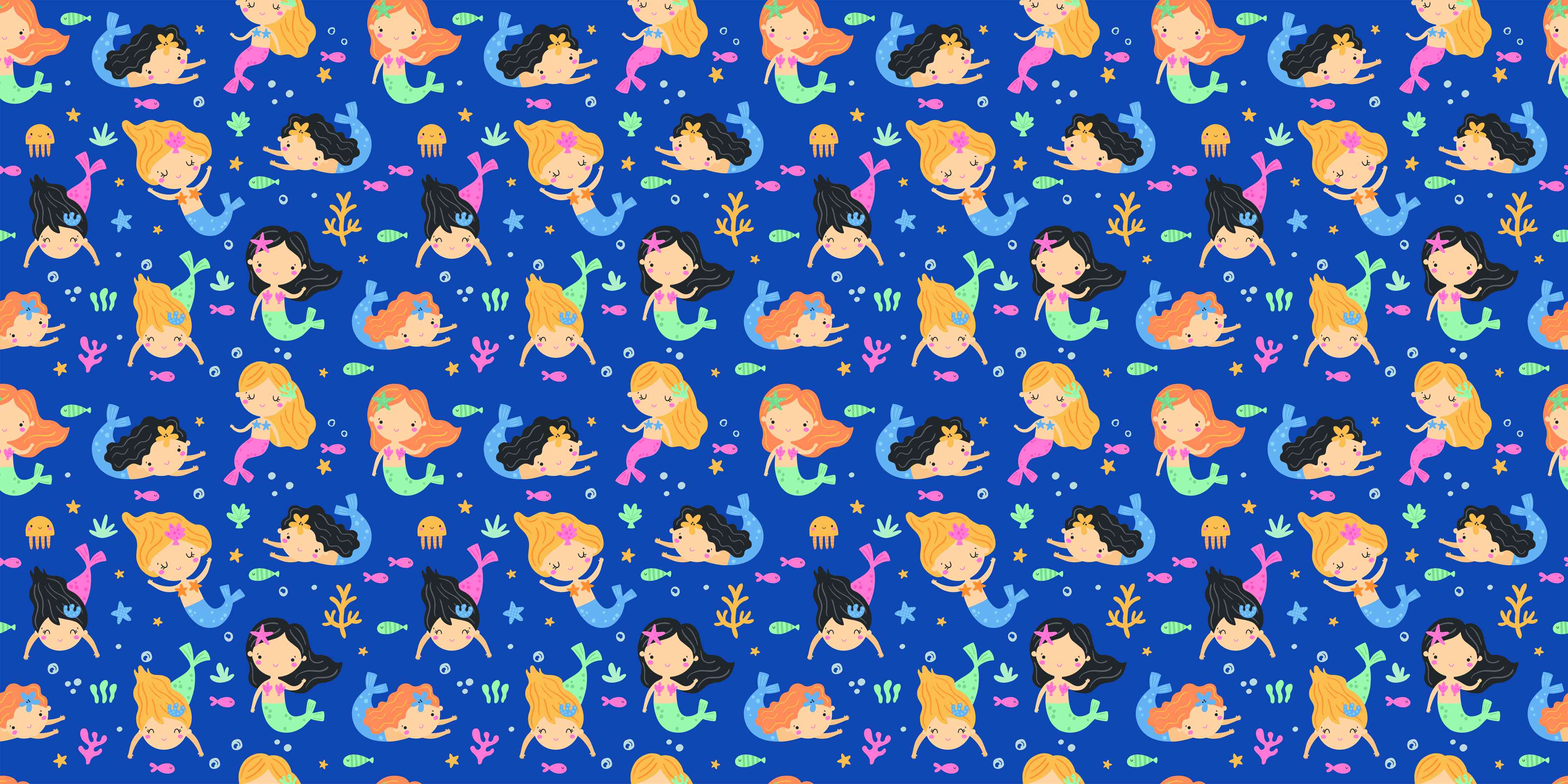 Babyzimmer Wandgestaltung-Bunte Meerjungfrauen und Fische auf blauer Grund