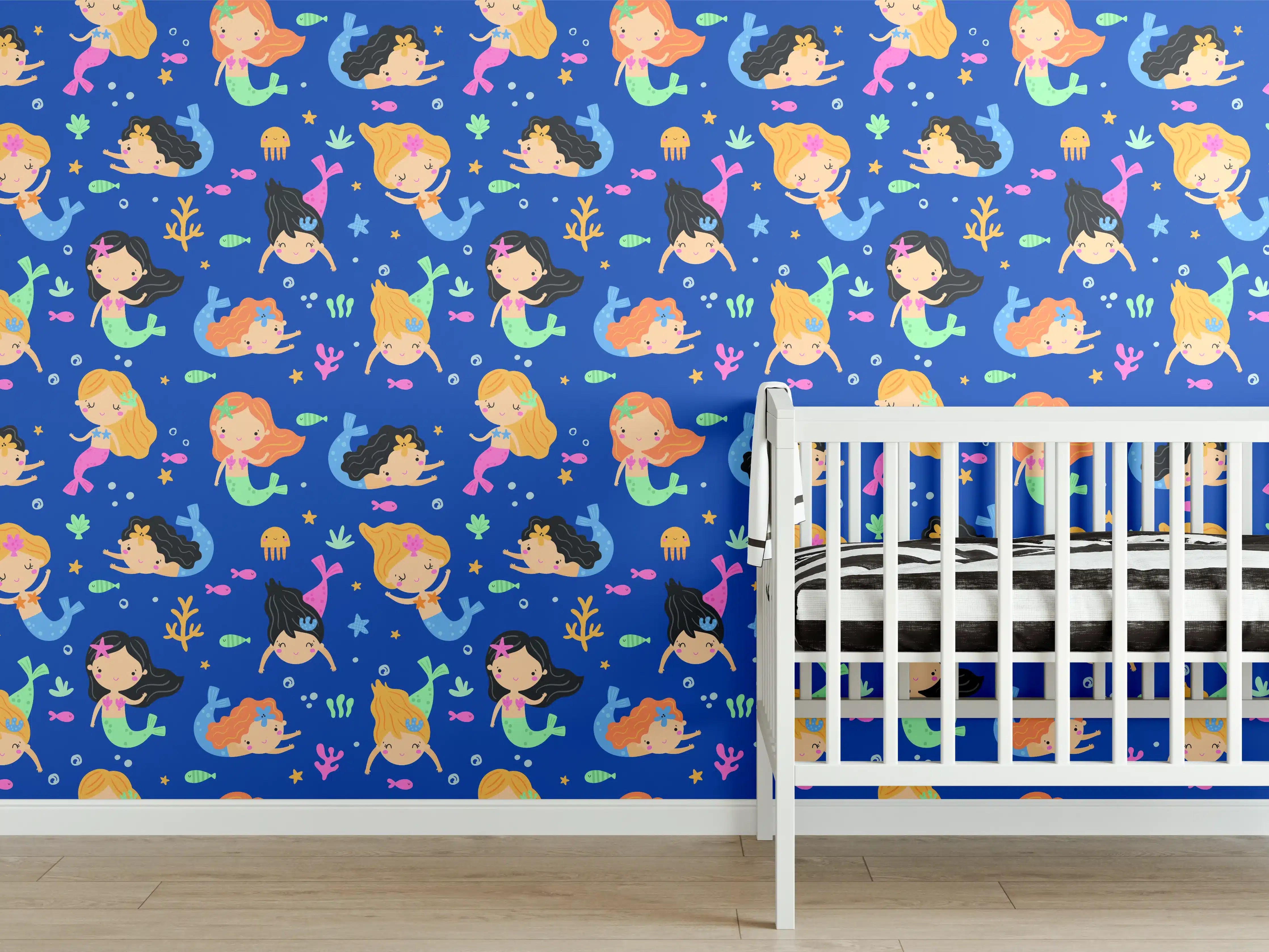 Babyzimmer Wandgestaltung - Bunte Meerjungfrauen und Fische auf blauer Grund