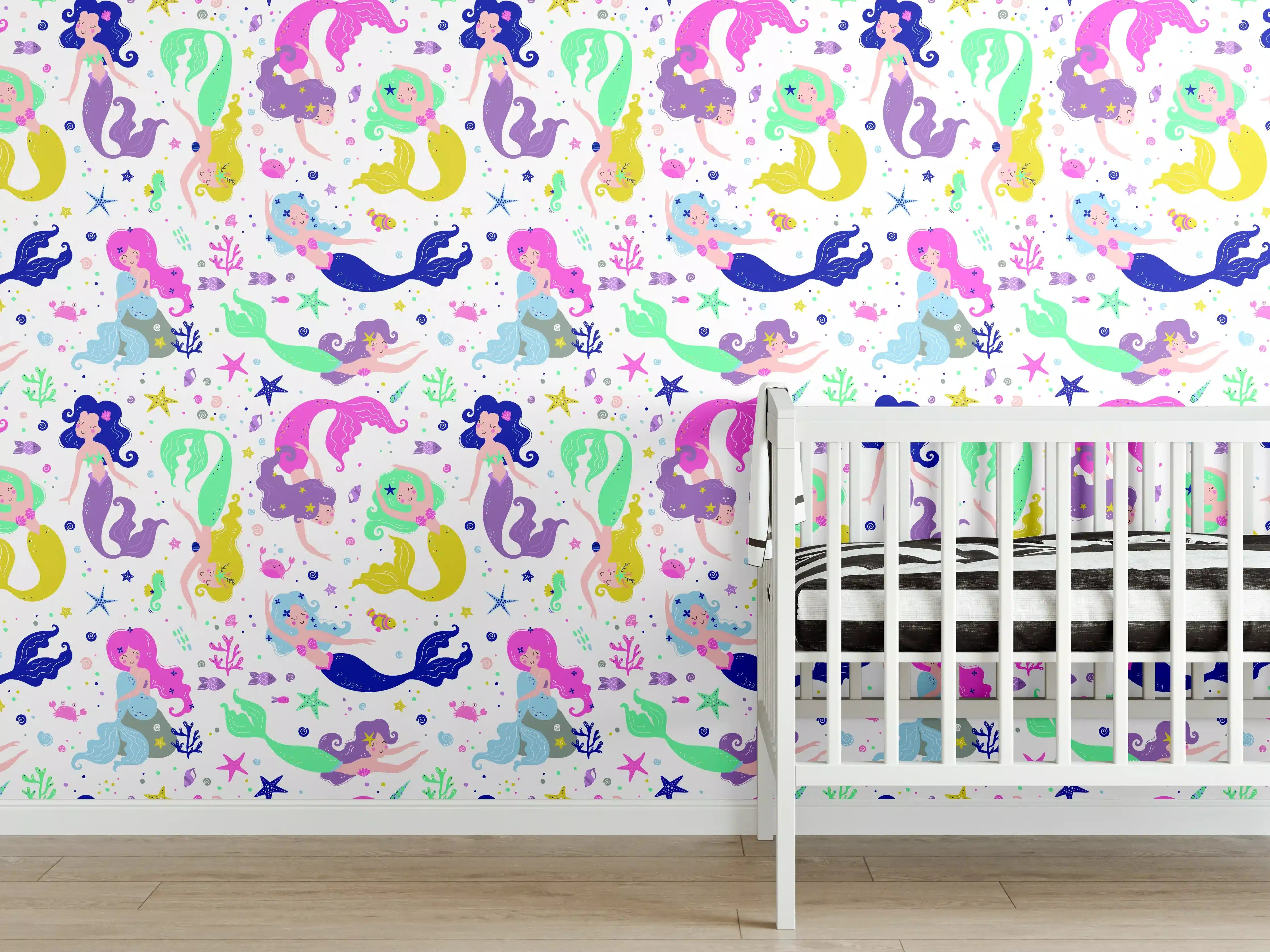 Babyzimmer Wandgestaltung - Bunte Meerjungfrauen und Meereswesen Kinderzimmerdeko