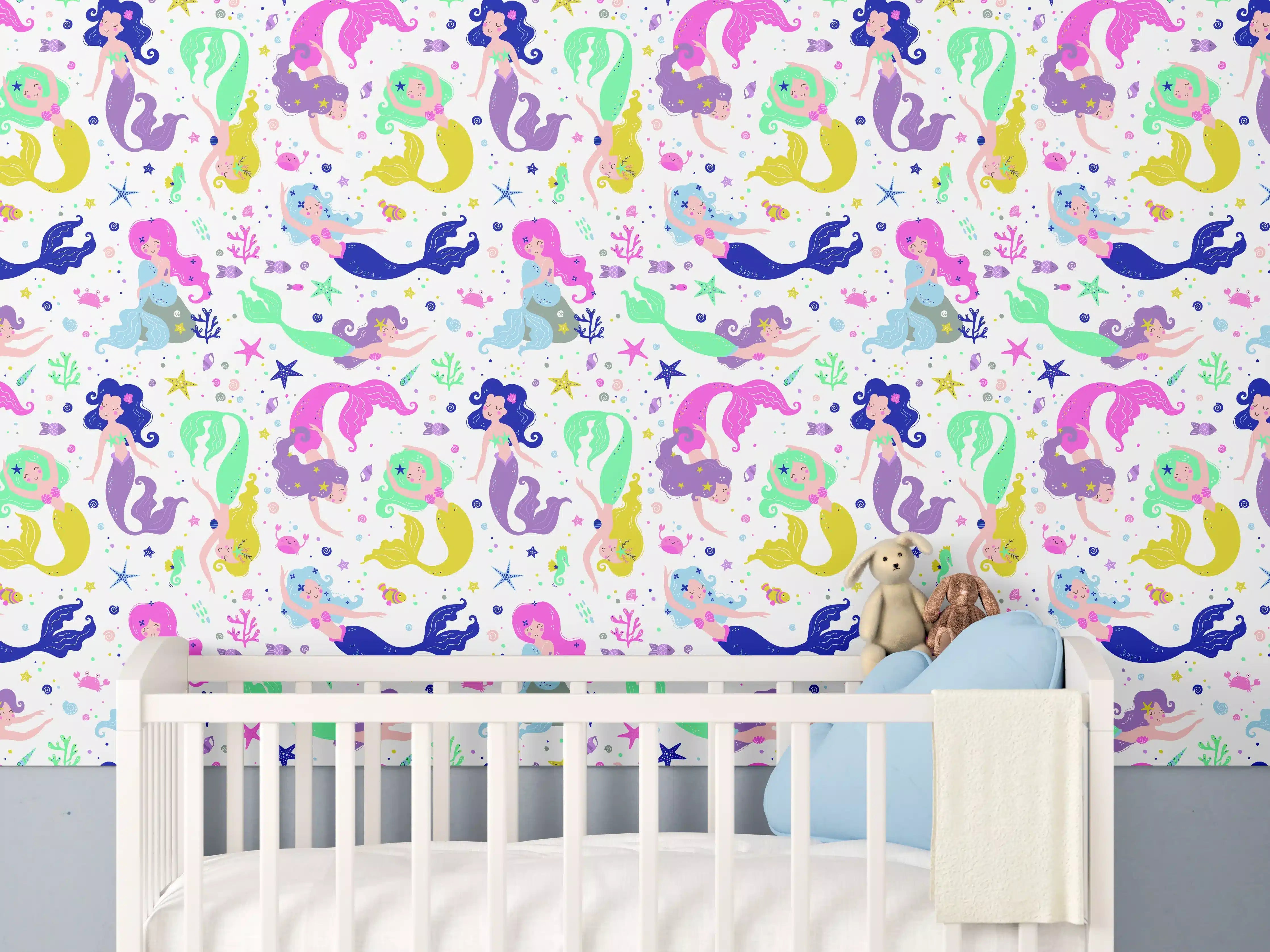 Babyzimmer Wandgestaltung - Bunte Meerjungfrauen und Meereswesen Kinderzimmerdeko