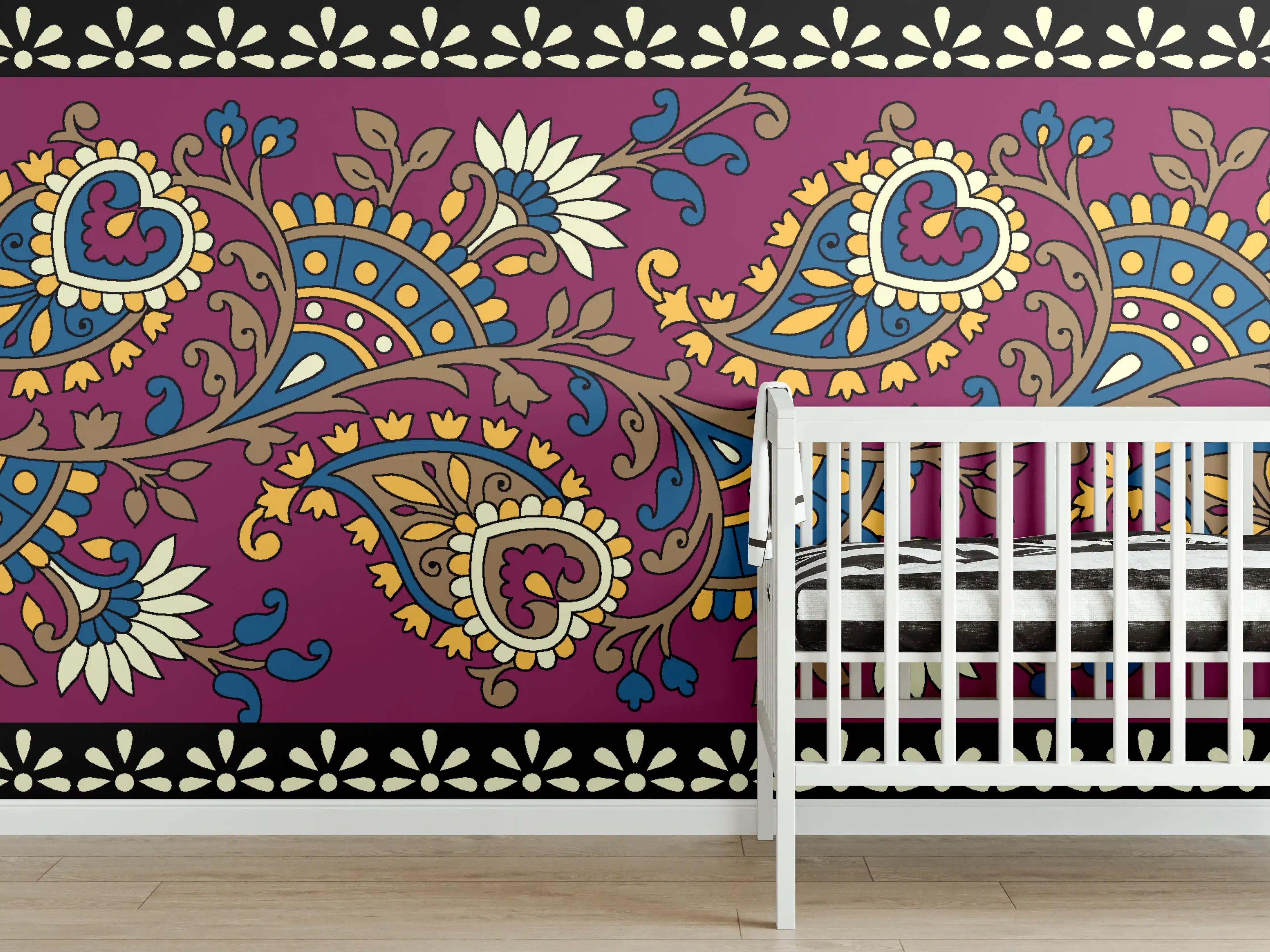 Babyzimmer Wandgestaltung - Bunte Paisleymuster mit floralem Dekor