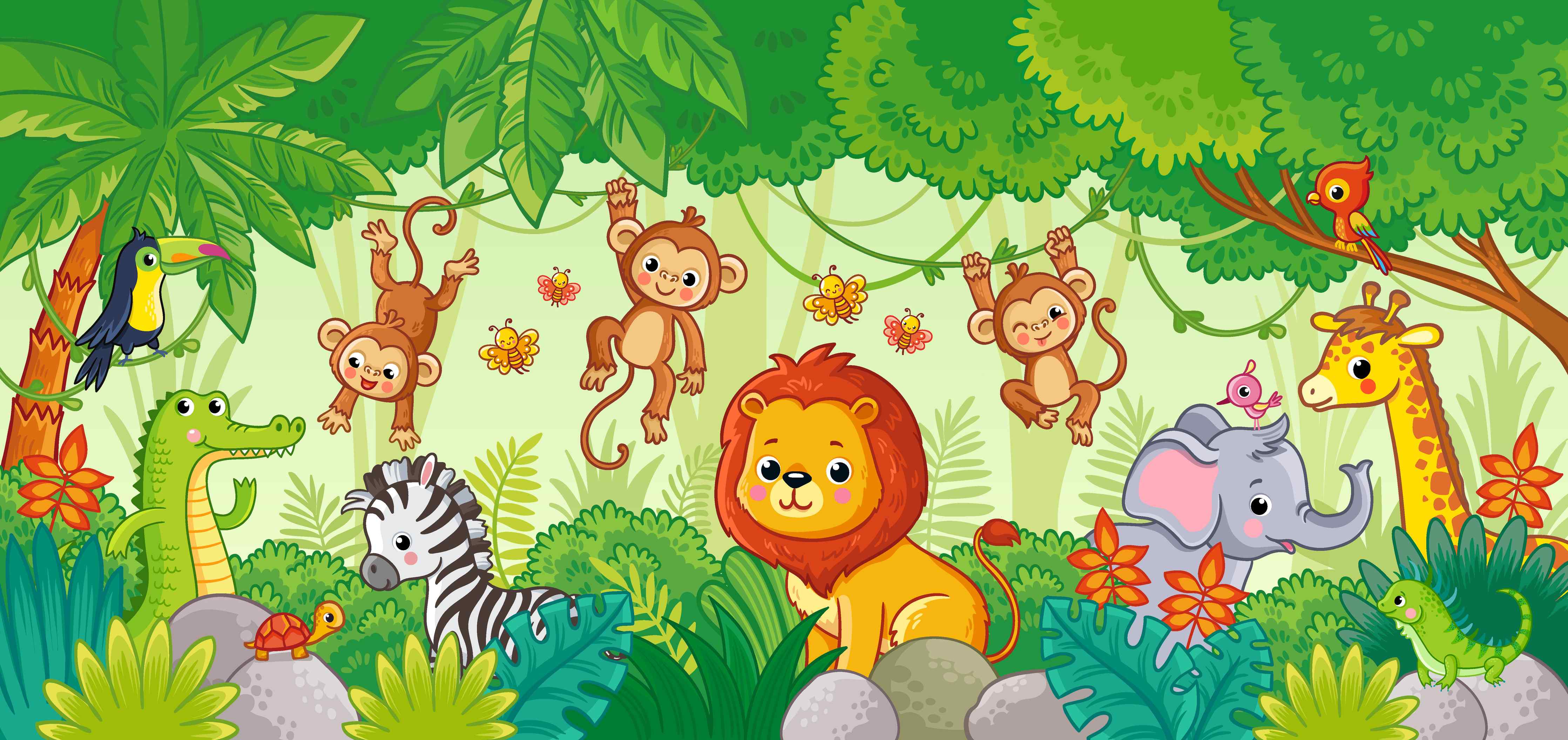 Babyzimmer Wandgestaltung-Bunte Safari-Tiere im Dschungel