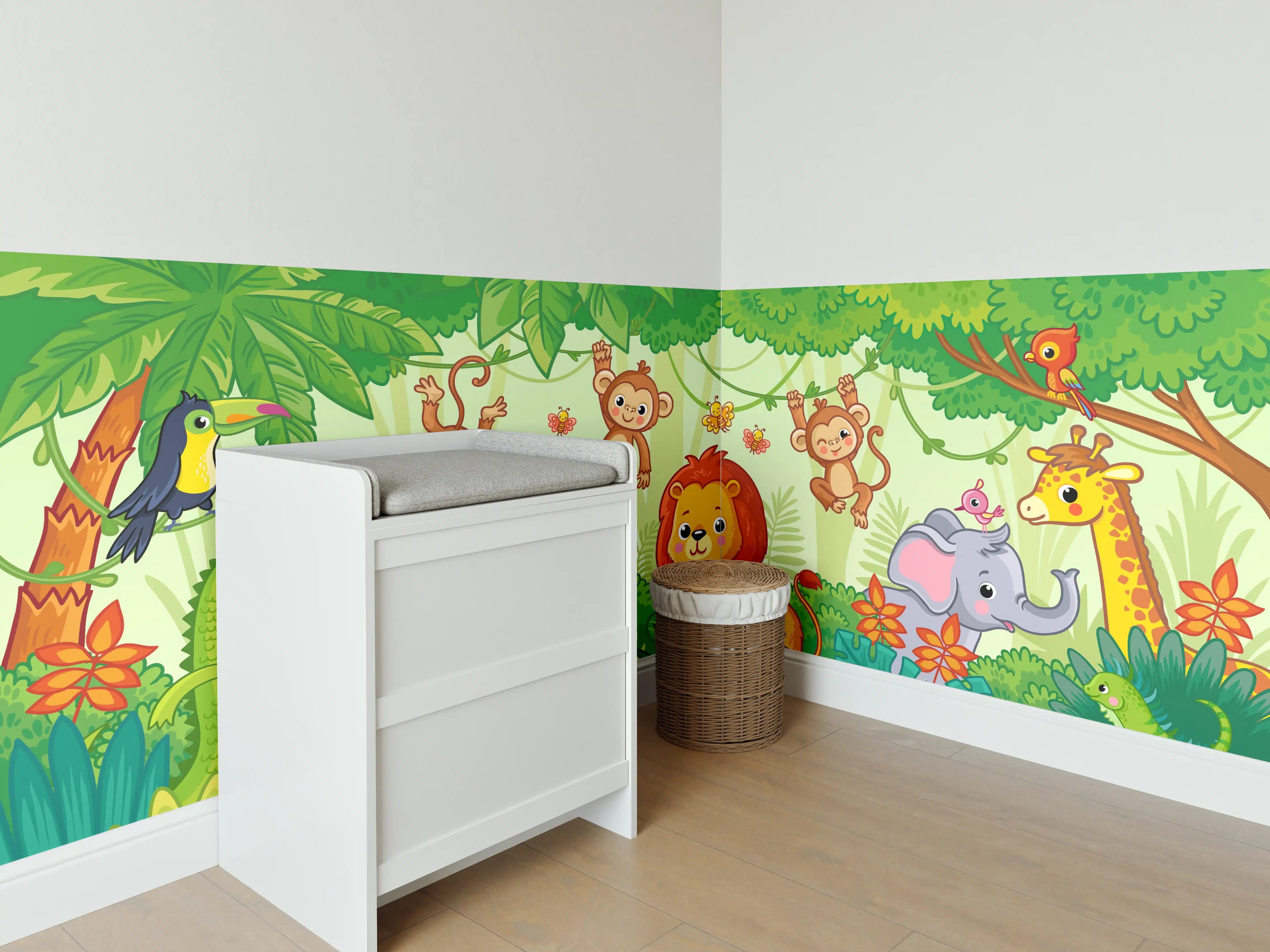 Babyzimmer Wandgestaltung - Bunte Safari-Tiere im Dschungel