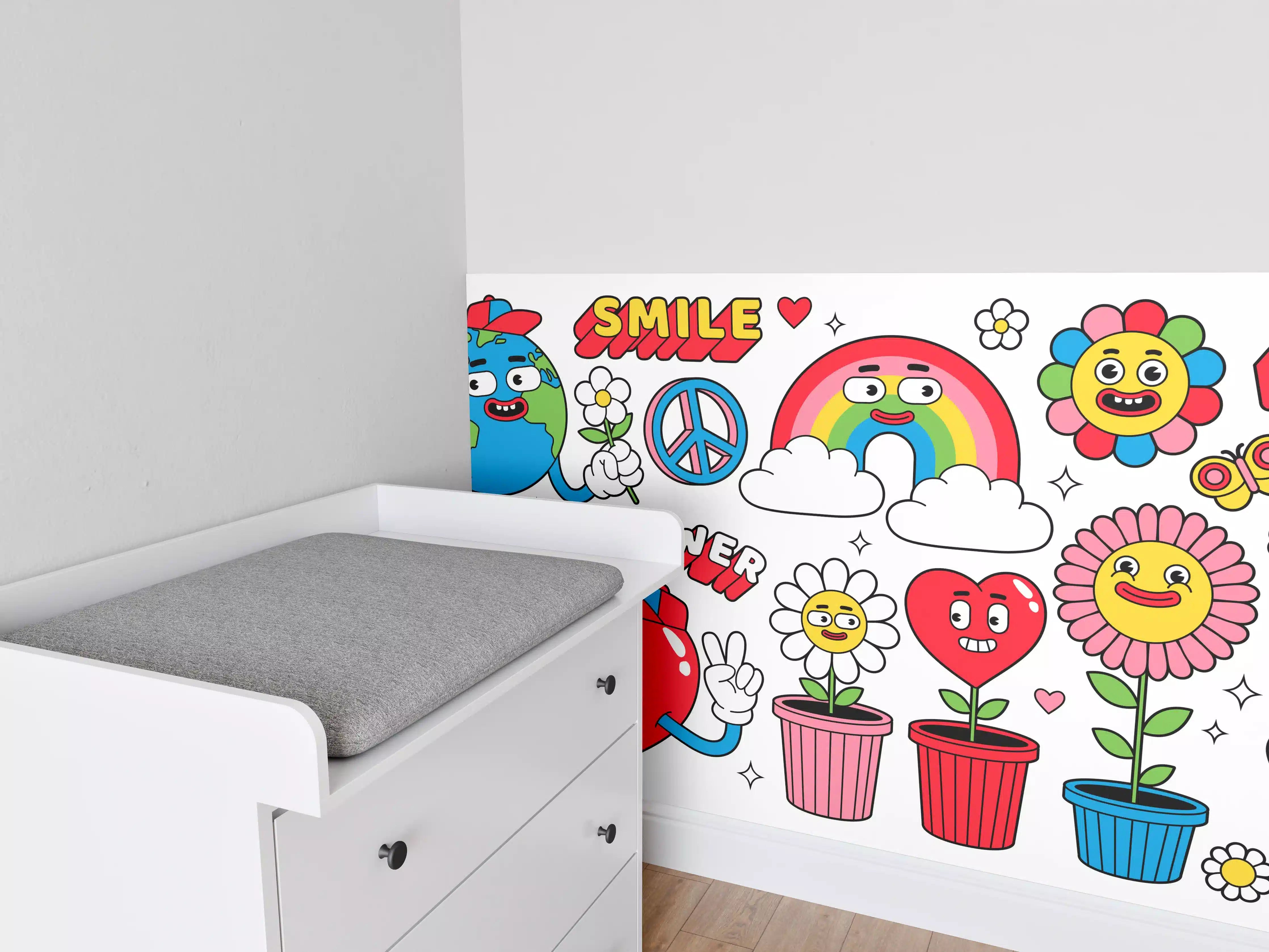Babyzimmer Wandgestaltung - Bunte Sticker mit positiven Botschaften und Blumen