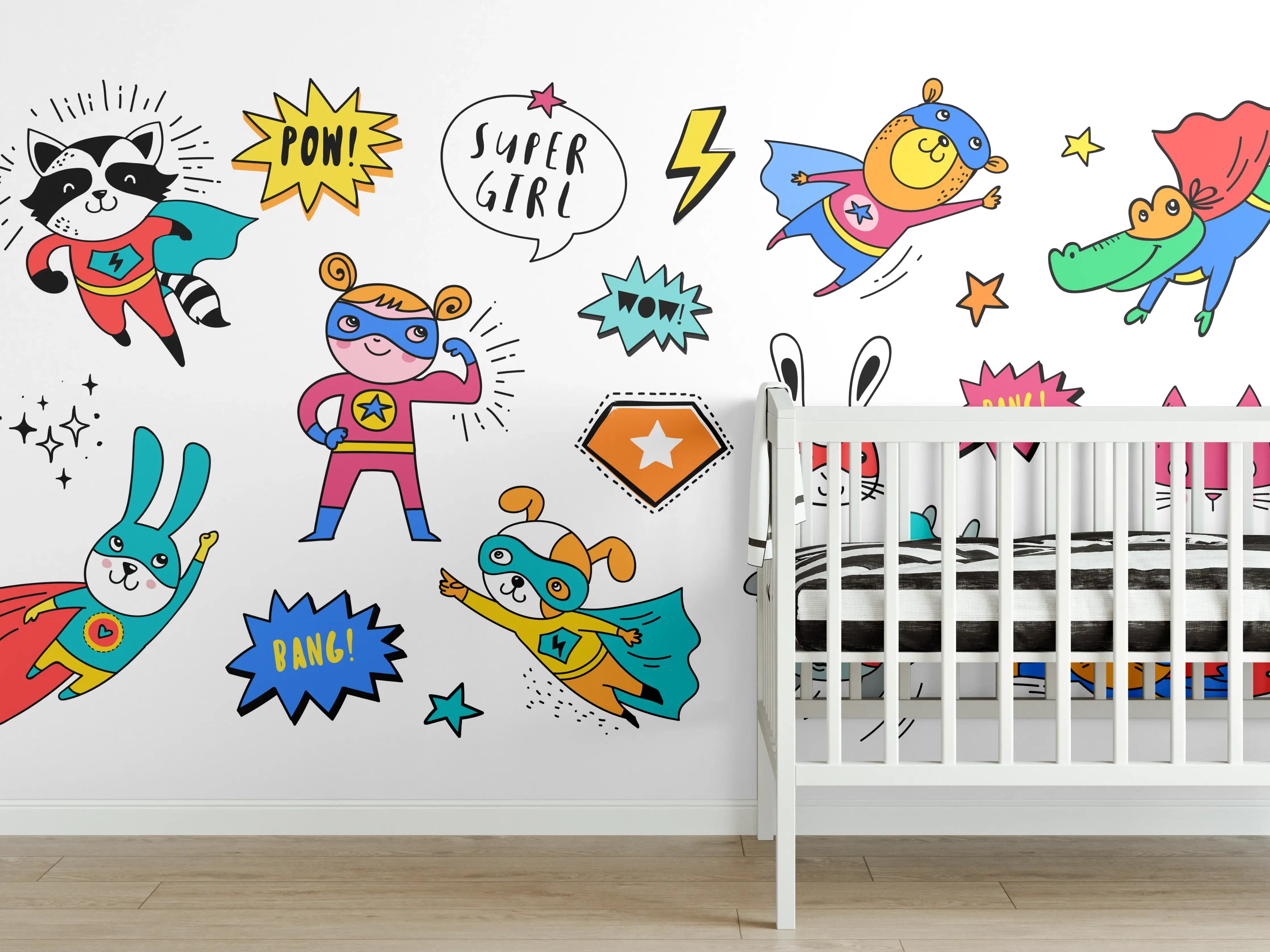 Babyzimmer Wandgestaltung - Bunte Superhelden Tierillustration