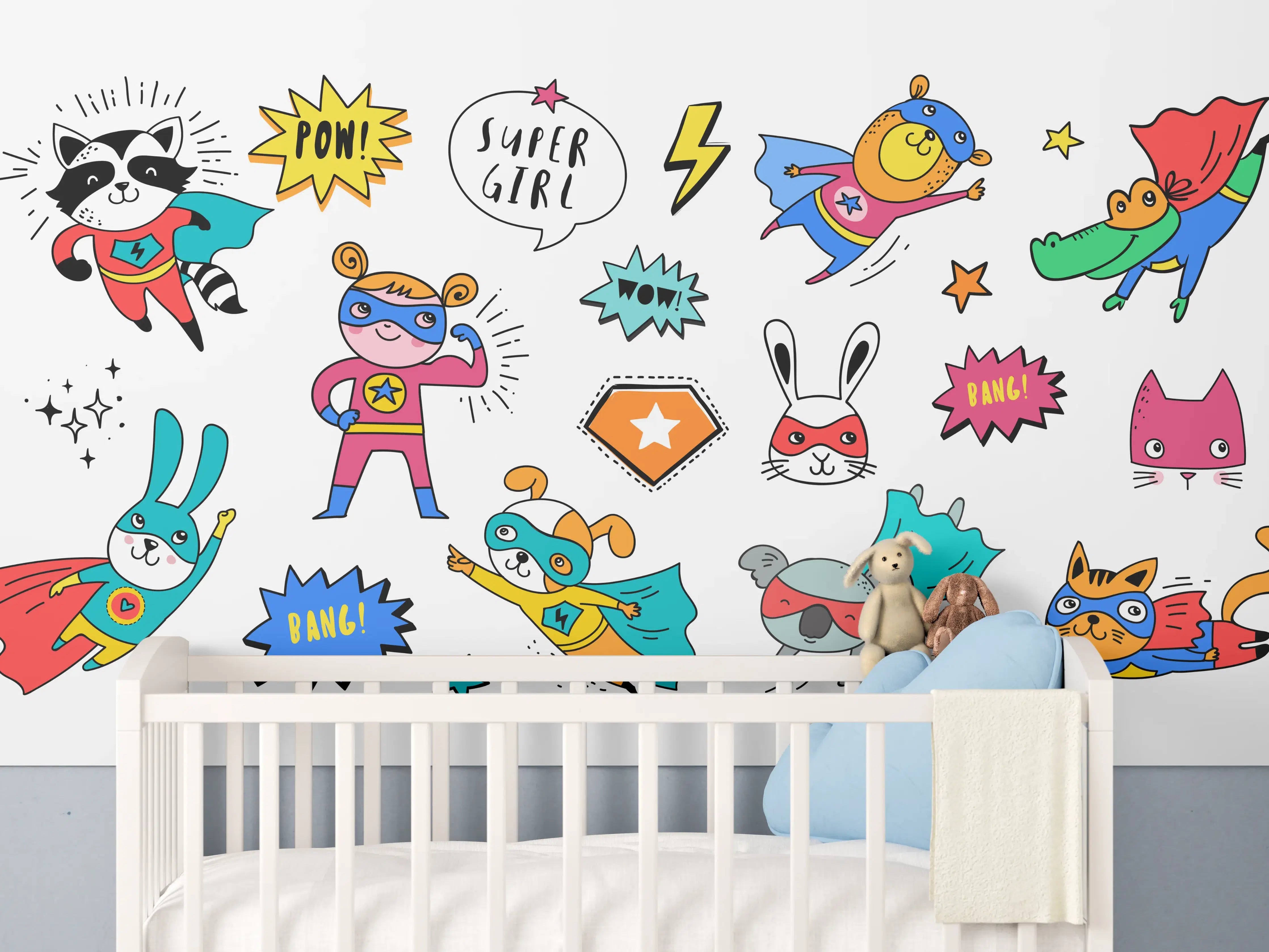 Babyzimmer Wandgestaltung - Bunte Superhelden Tierillustration