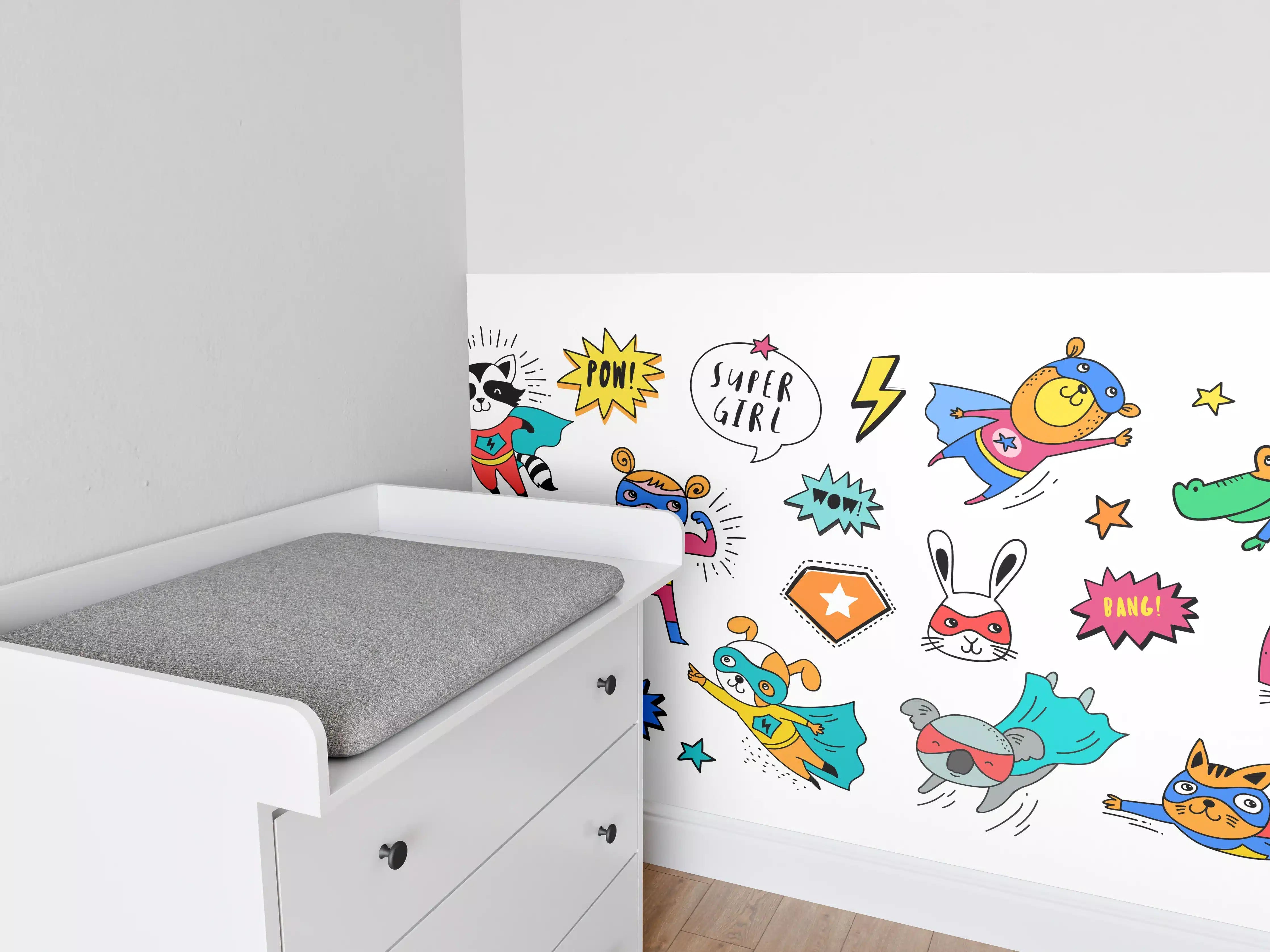 Babyzimmer Wandgestaltung - Bunte Superhelden Tierillustration