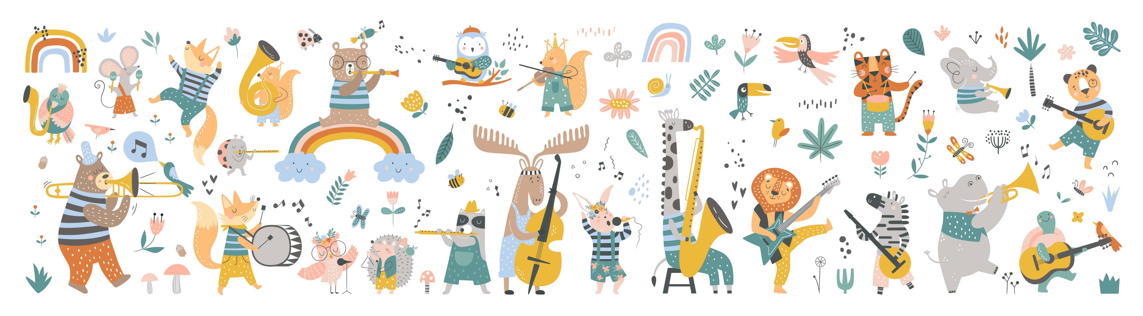 Babyzimmer Wandgestaltung-Bunte Tier- und Instrumenten-Illustration