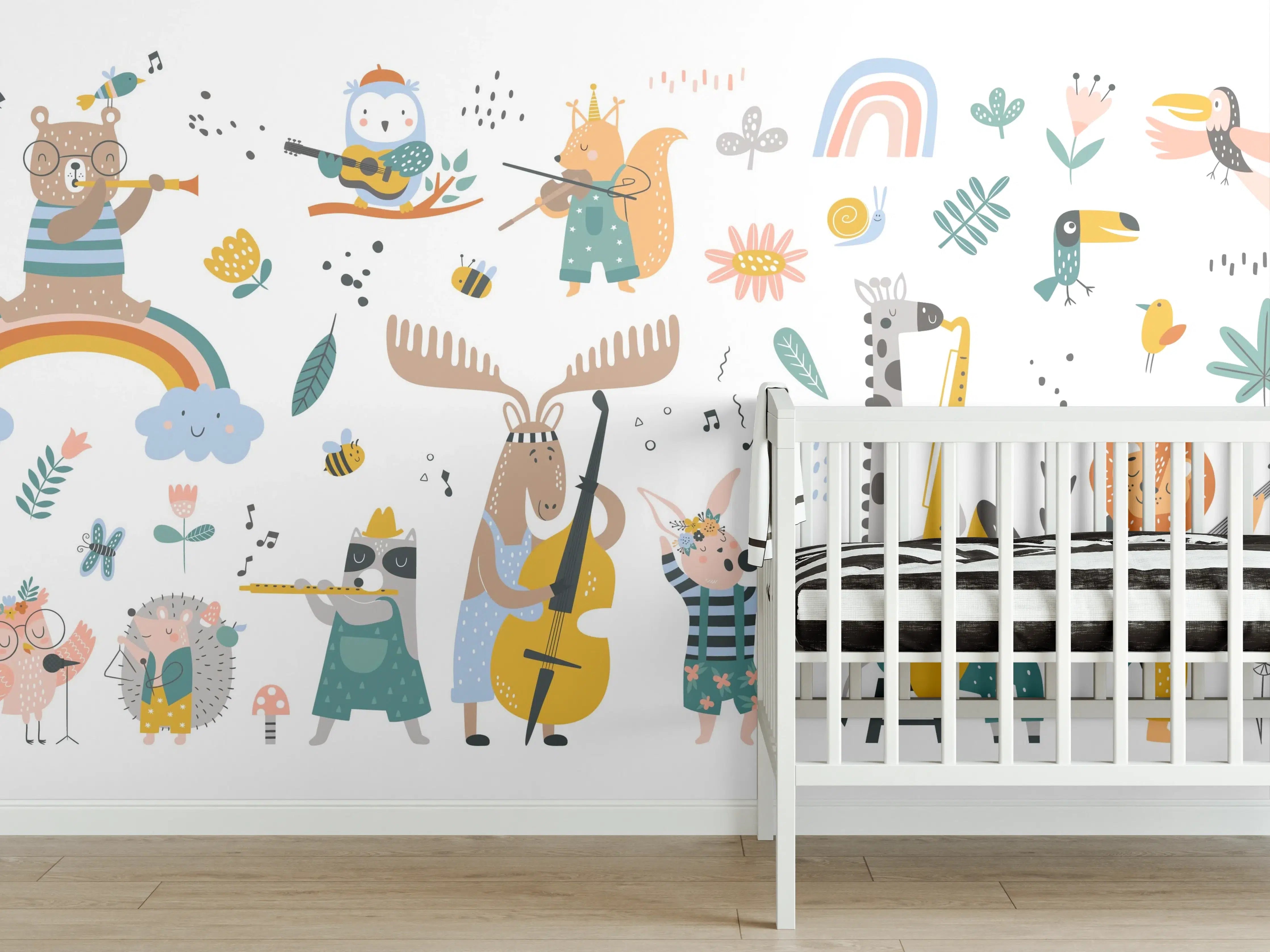 Babyzimmer Wandgestaltung - Bunte Tier- und Instrumenten-Illustration