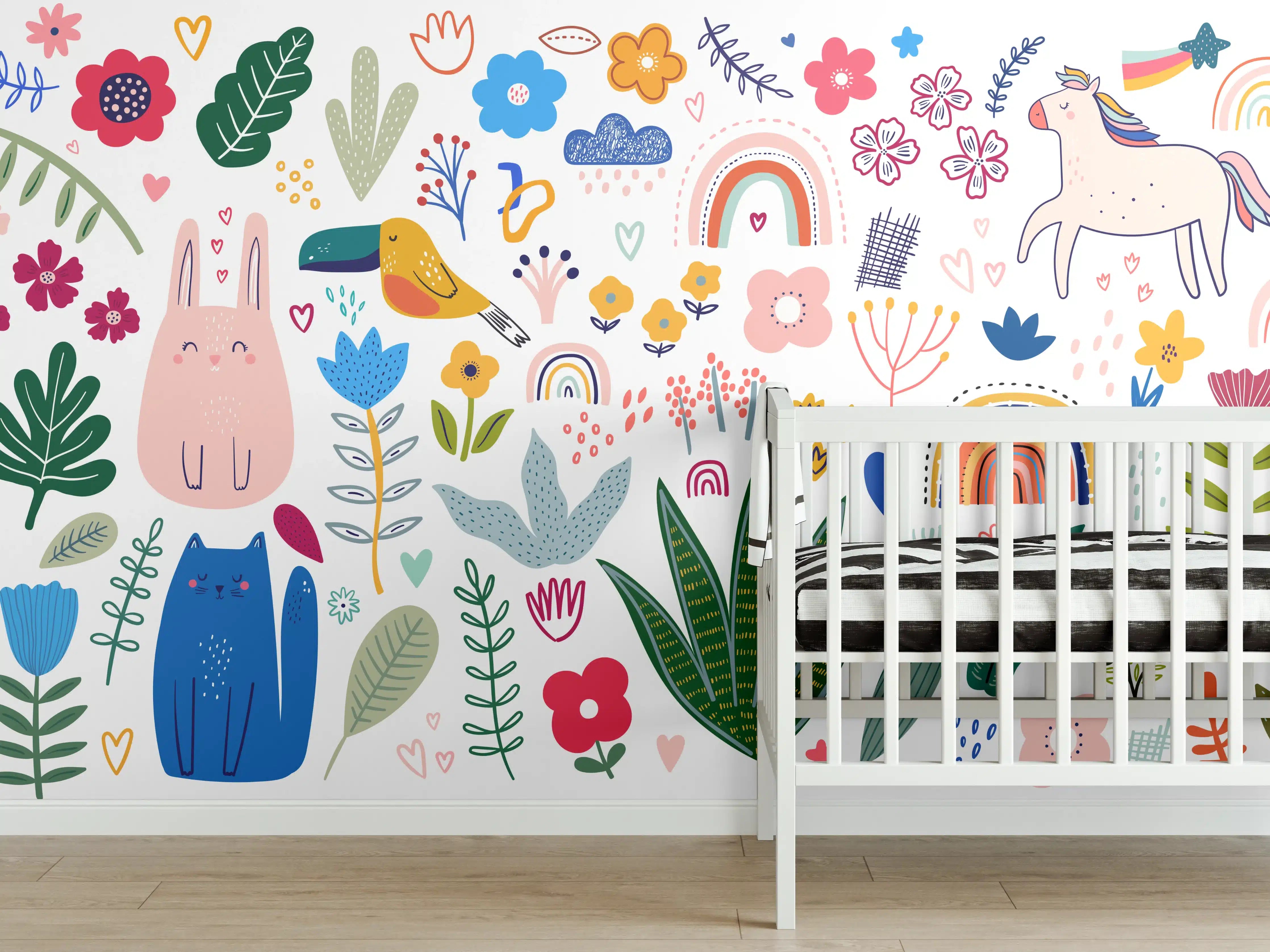 Babyzimmer Wandgestaltung - Bunte Tier-und Pflanzenmuster