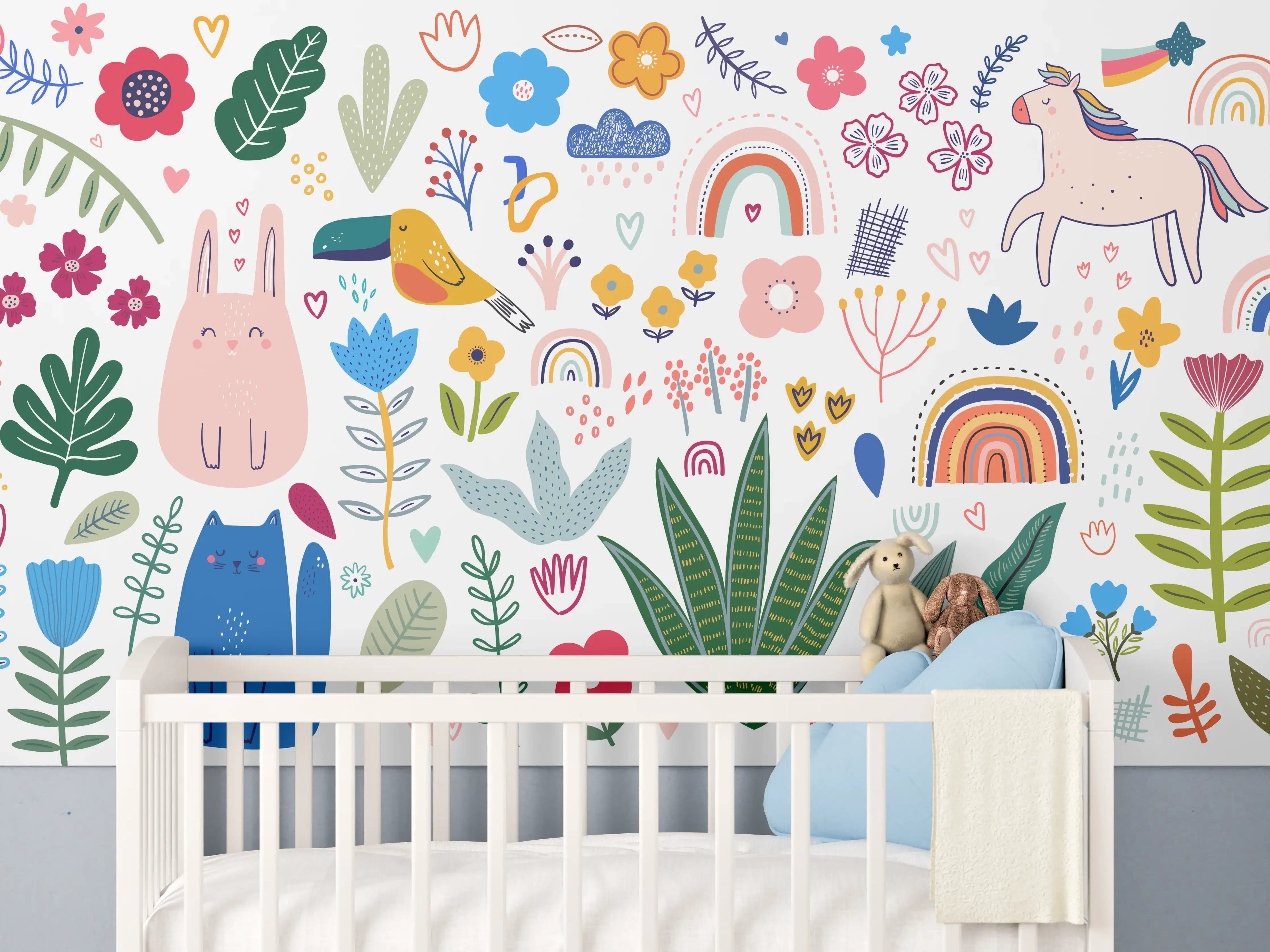 Babyzimmer Wandgestaltung - Bunte Tier-und Pflanzenmuster