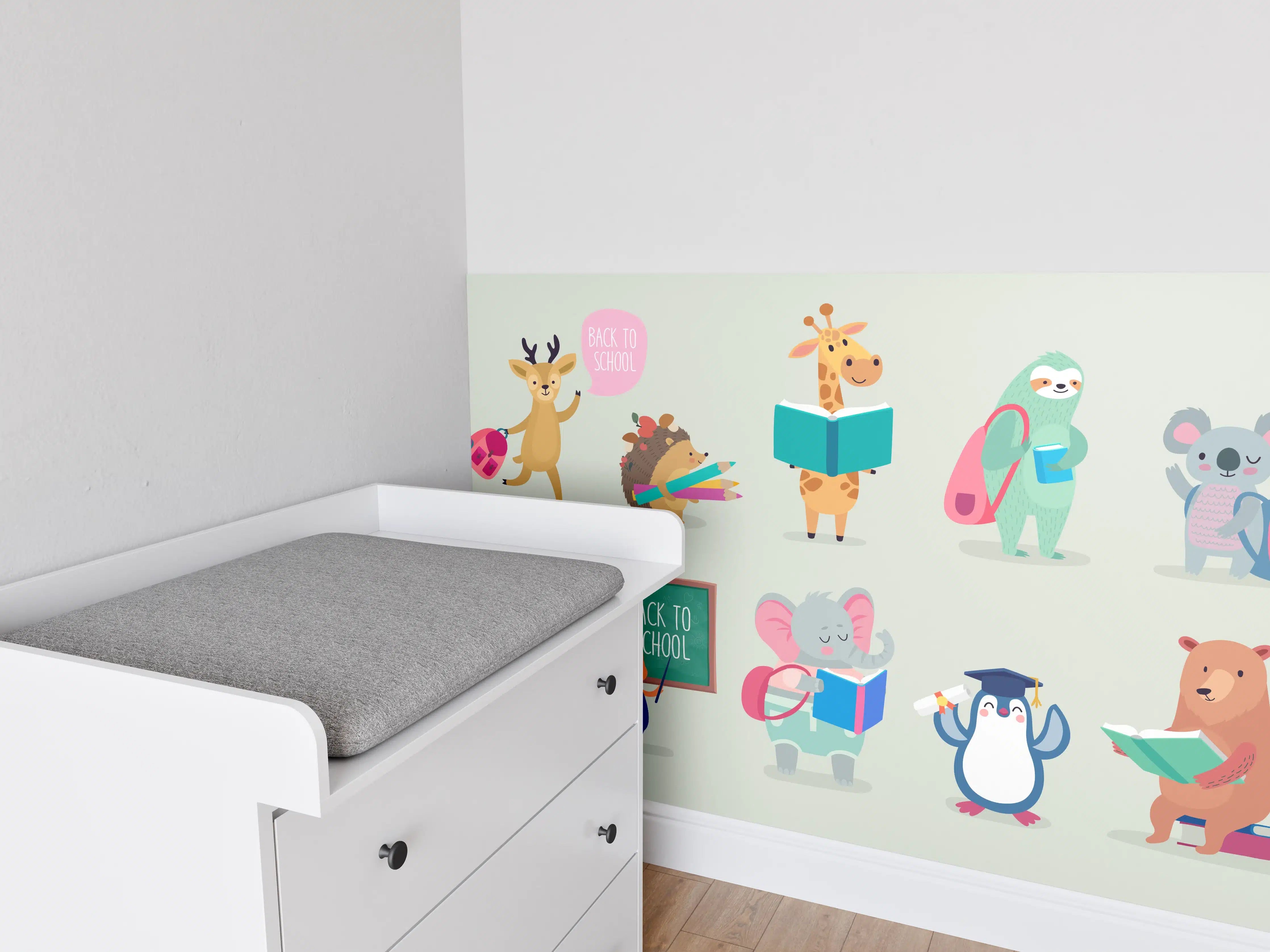 Babyzimmer Wandgestaltung - Bunte Tiere Schulanfang Illustration