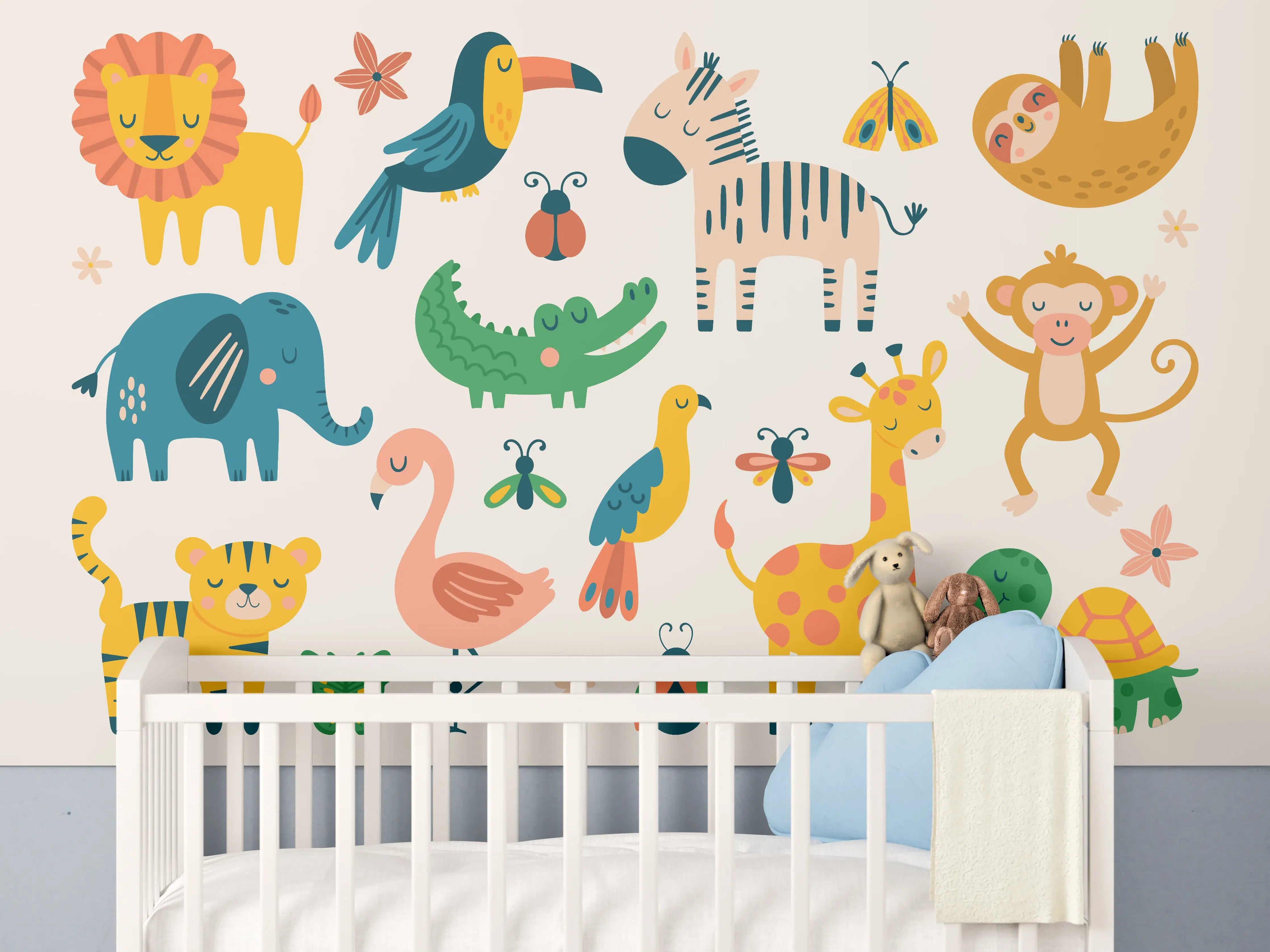 Babyzimmer Wandgestaltung - Bunte Tierfiguren Illustration