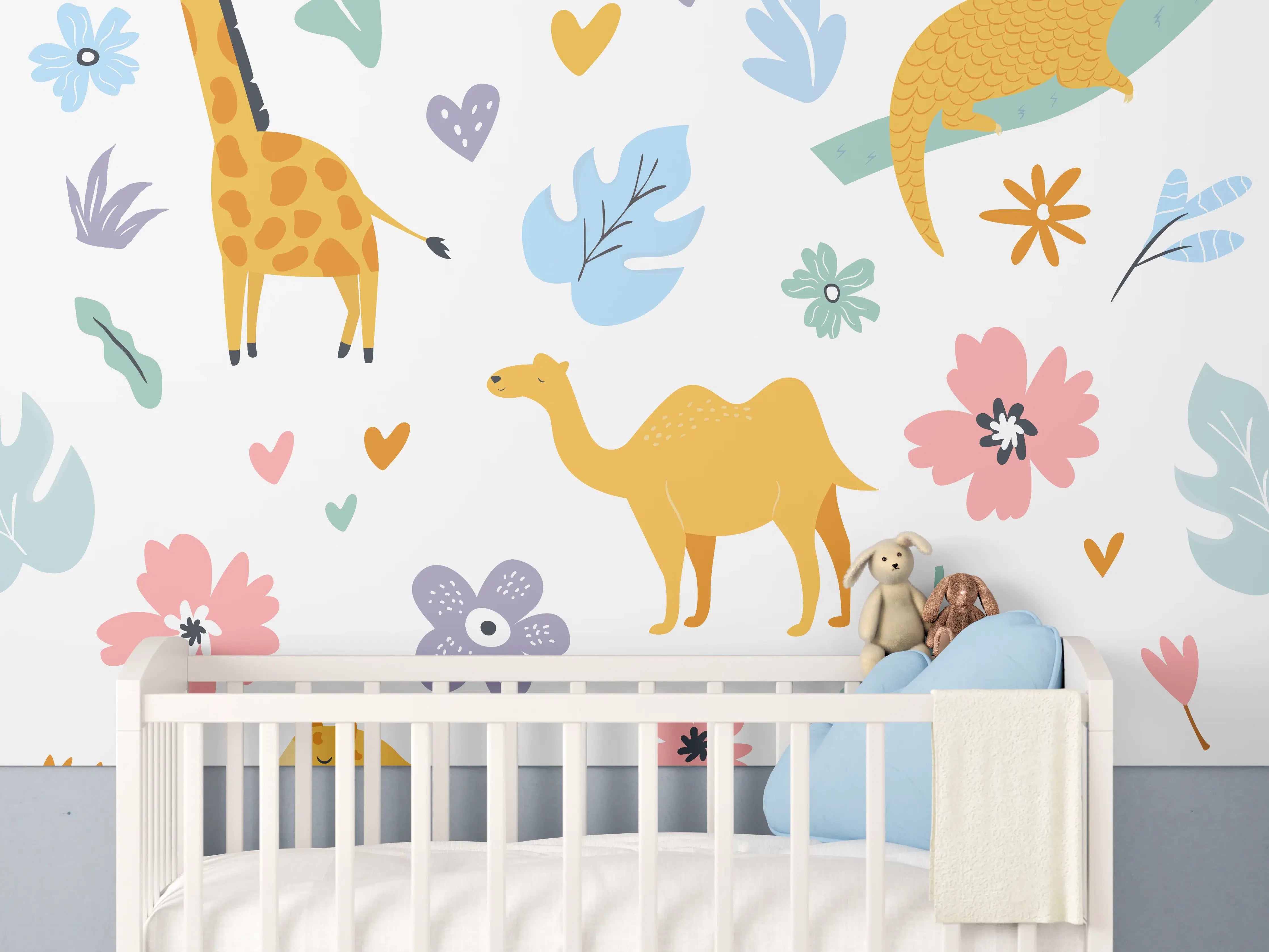 Babyzimmer Wandgestaltung - Bunte Tiermotive Kinderillustration