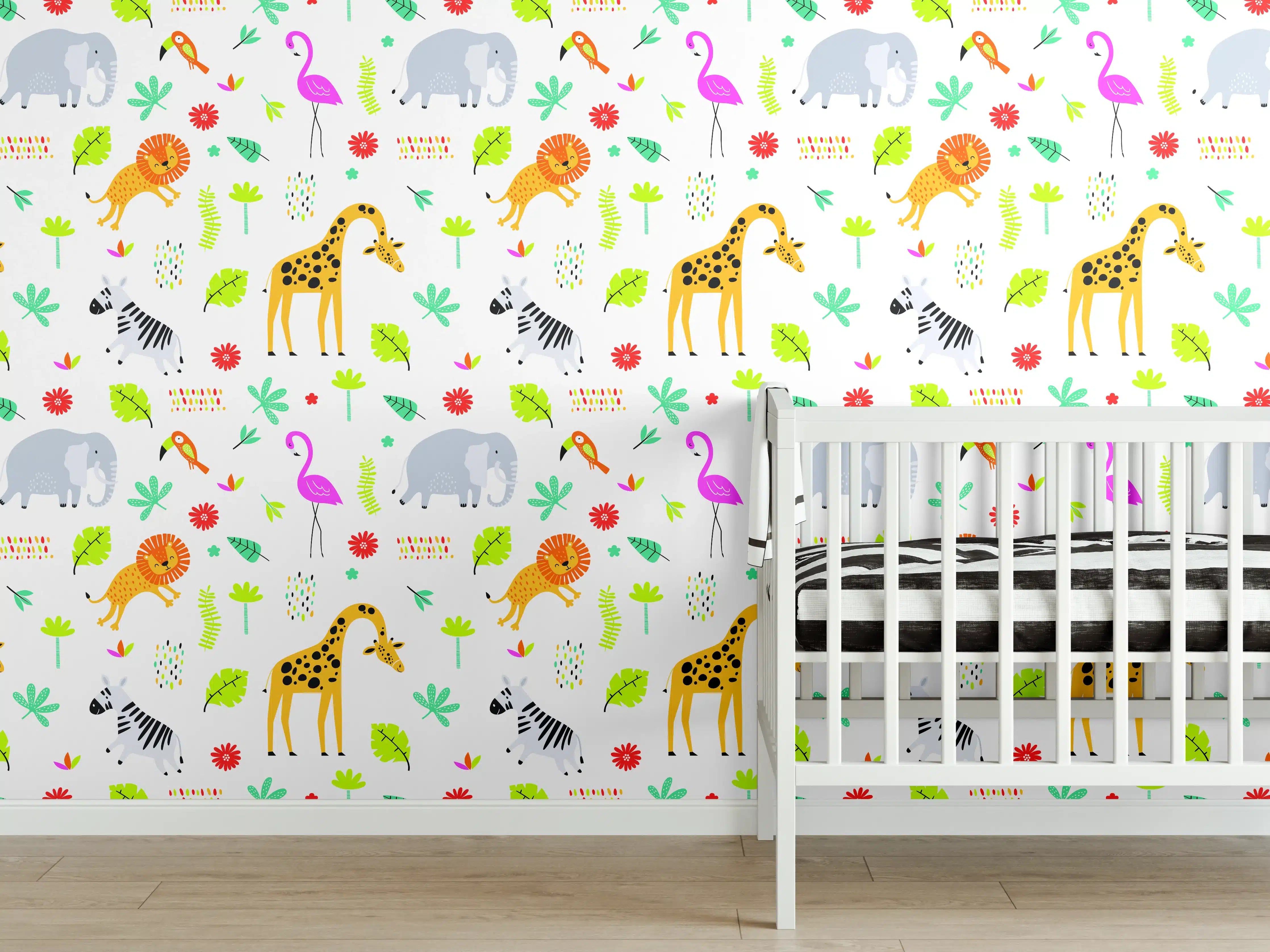 Babyzimmer Wandgestaltung - Bunte Tierwelt mit Zebras, Giraffen und Flamingos