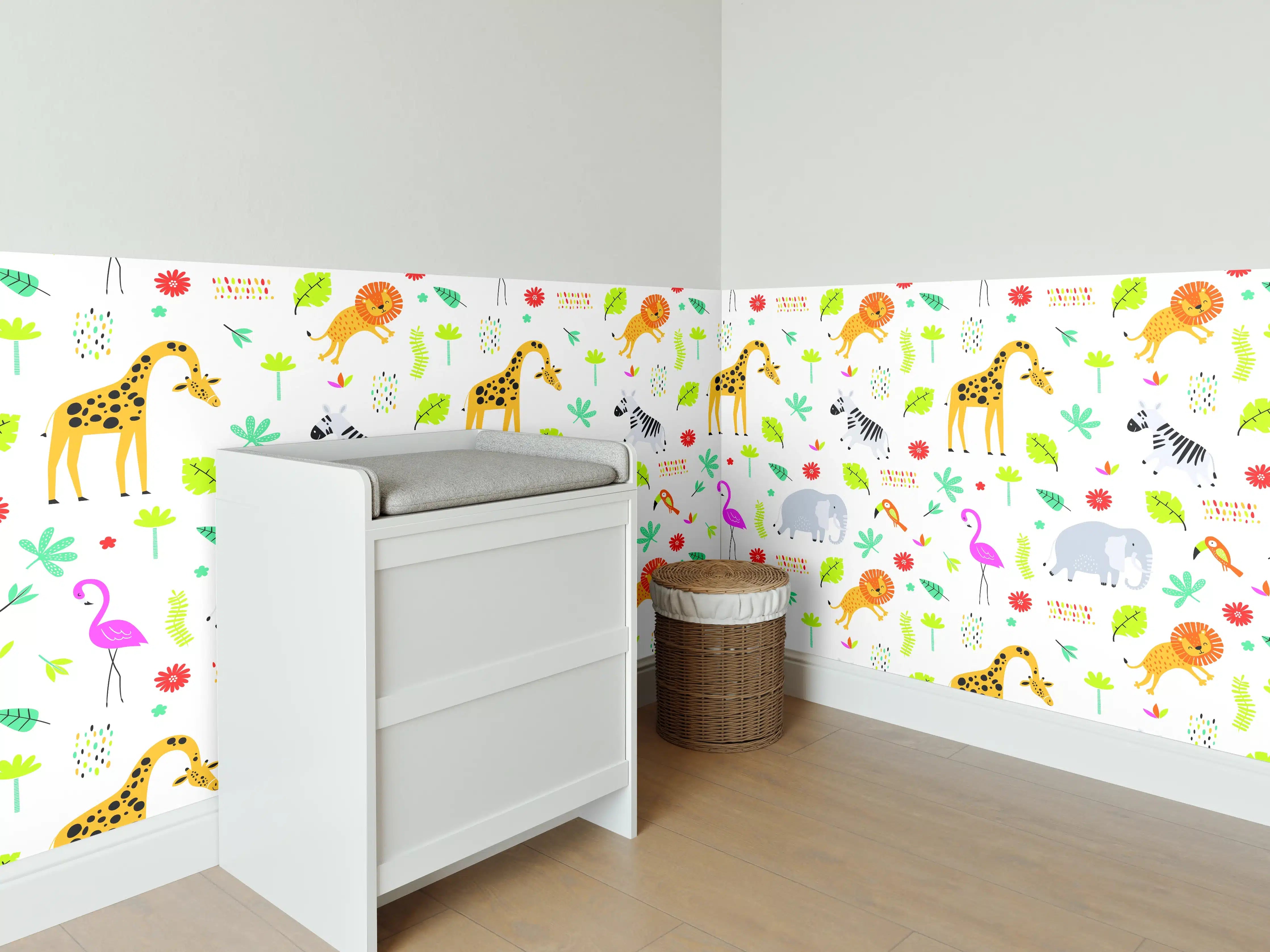 Babyzimmer Wandgestaltung - Bunte Tierwelt mit Zebras, Giraffen und Flamingos