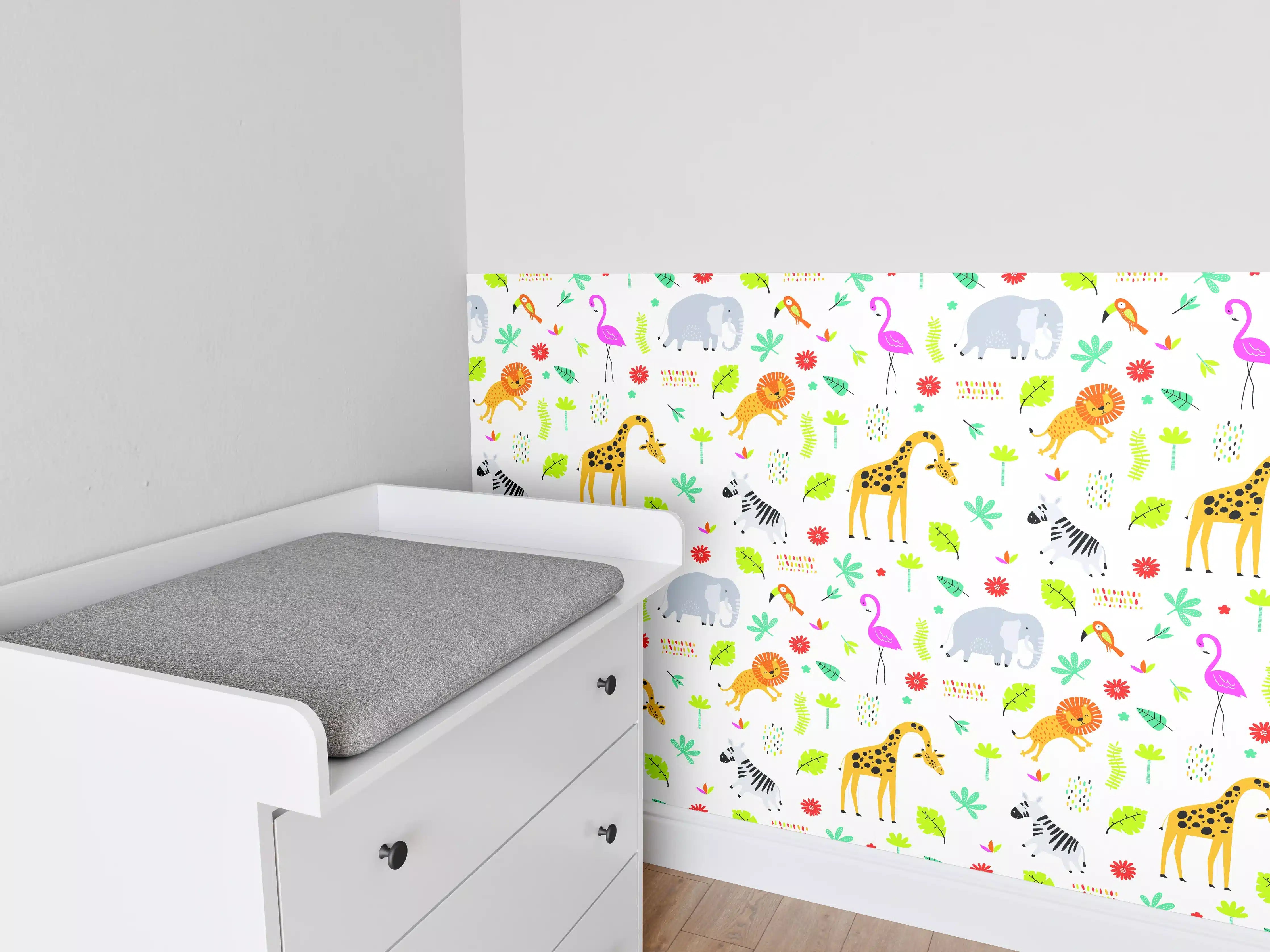 Babyzimmer Wandgestaltung - Bunte Tierwelt mit Zebras, Giraffen und Flamingos