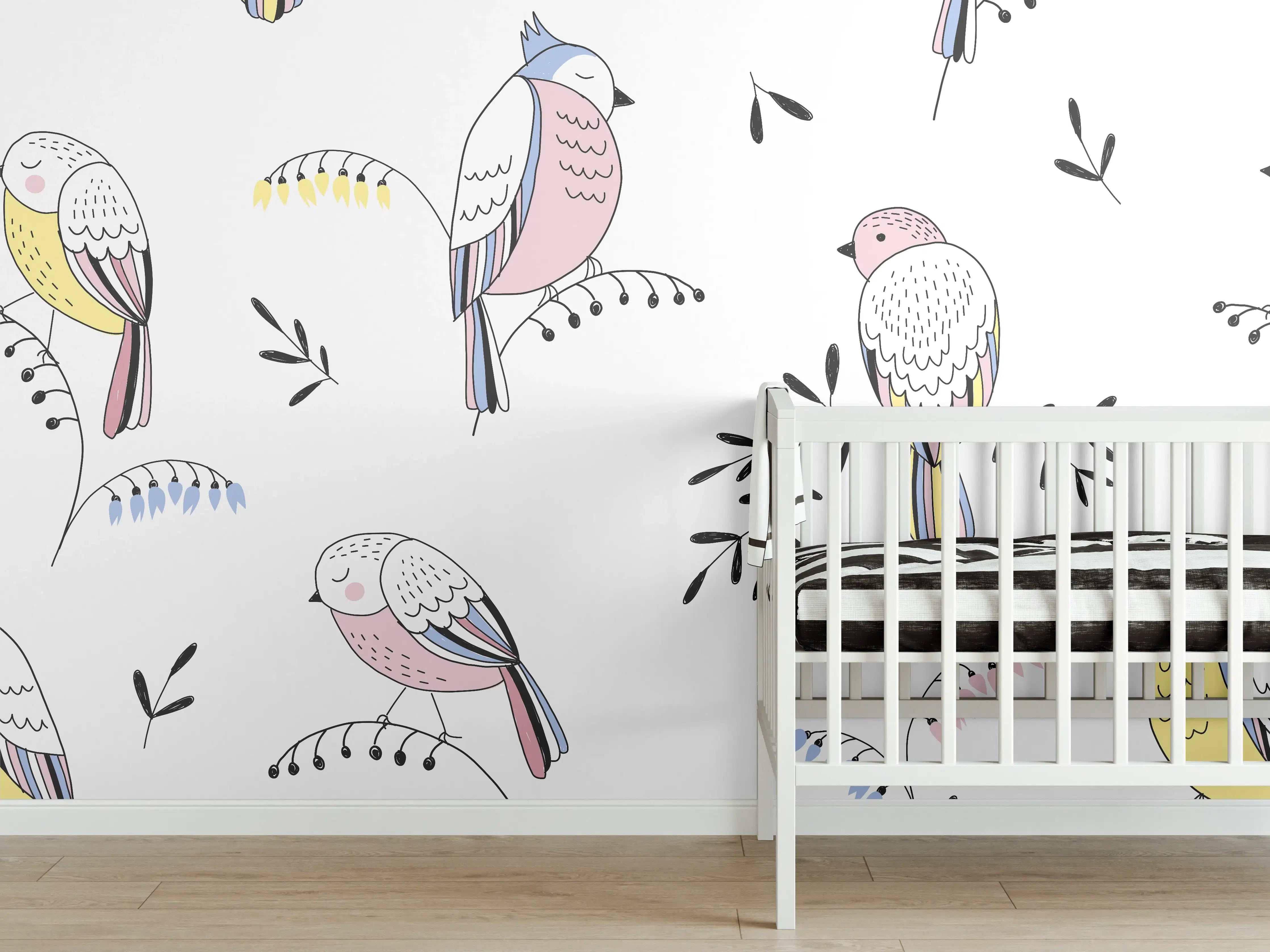 Babyzimmer Wandgestaltung - Bunte Vögel Muster Illustration