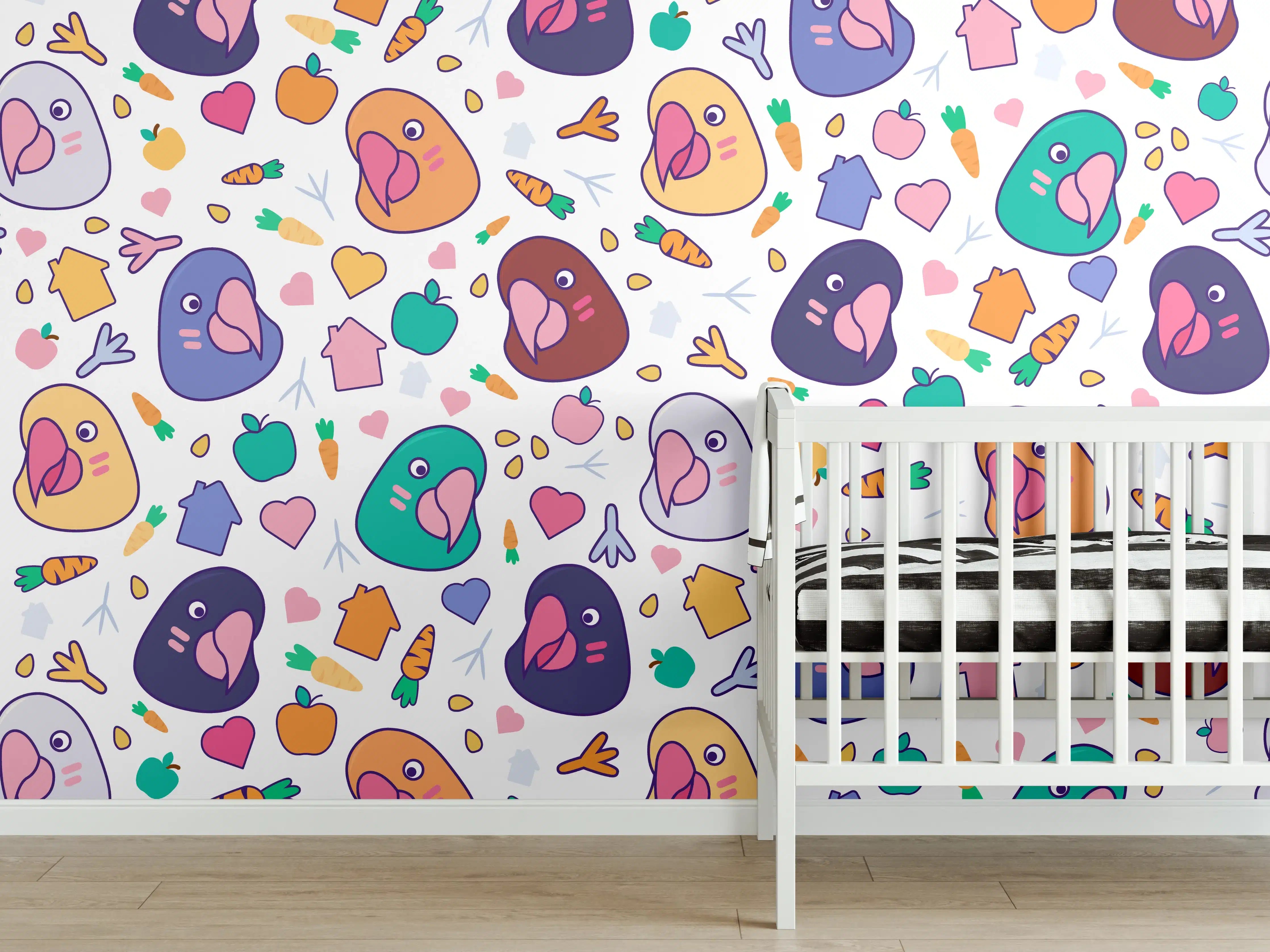 Babyzimmer Wandgestaltung - Bunte Vogelmuster mit Herzen und Karotten auf weißem Hintergrund