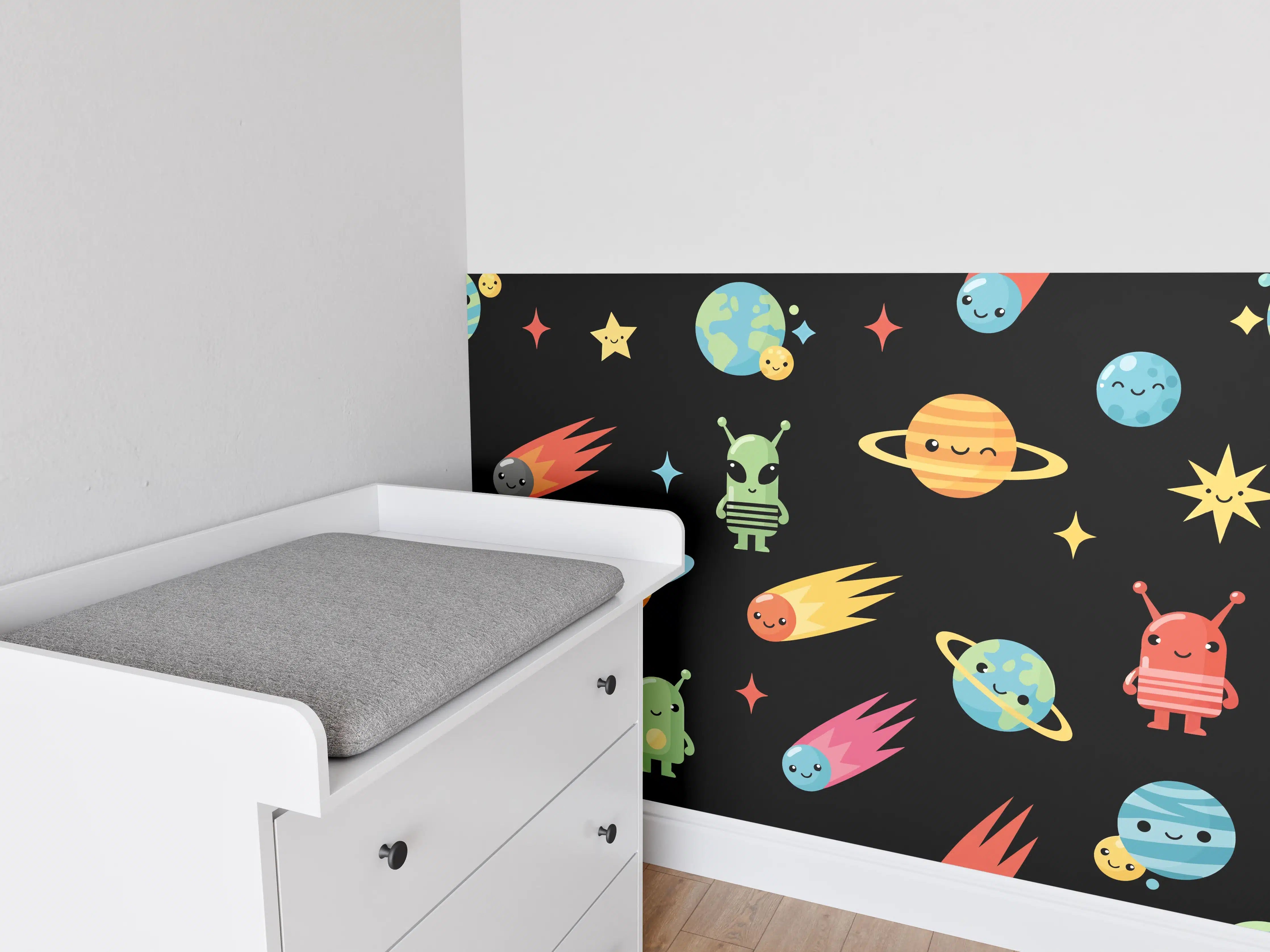 Babyzimmer Wandgestaltung - Bunte Weltraum-Planeten und Außerirdische