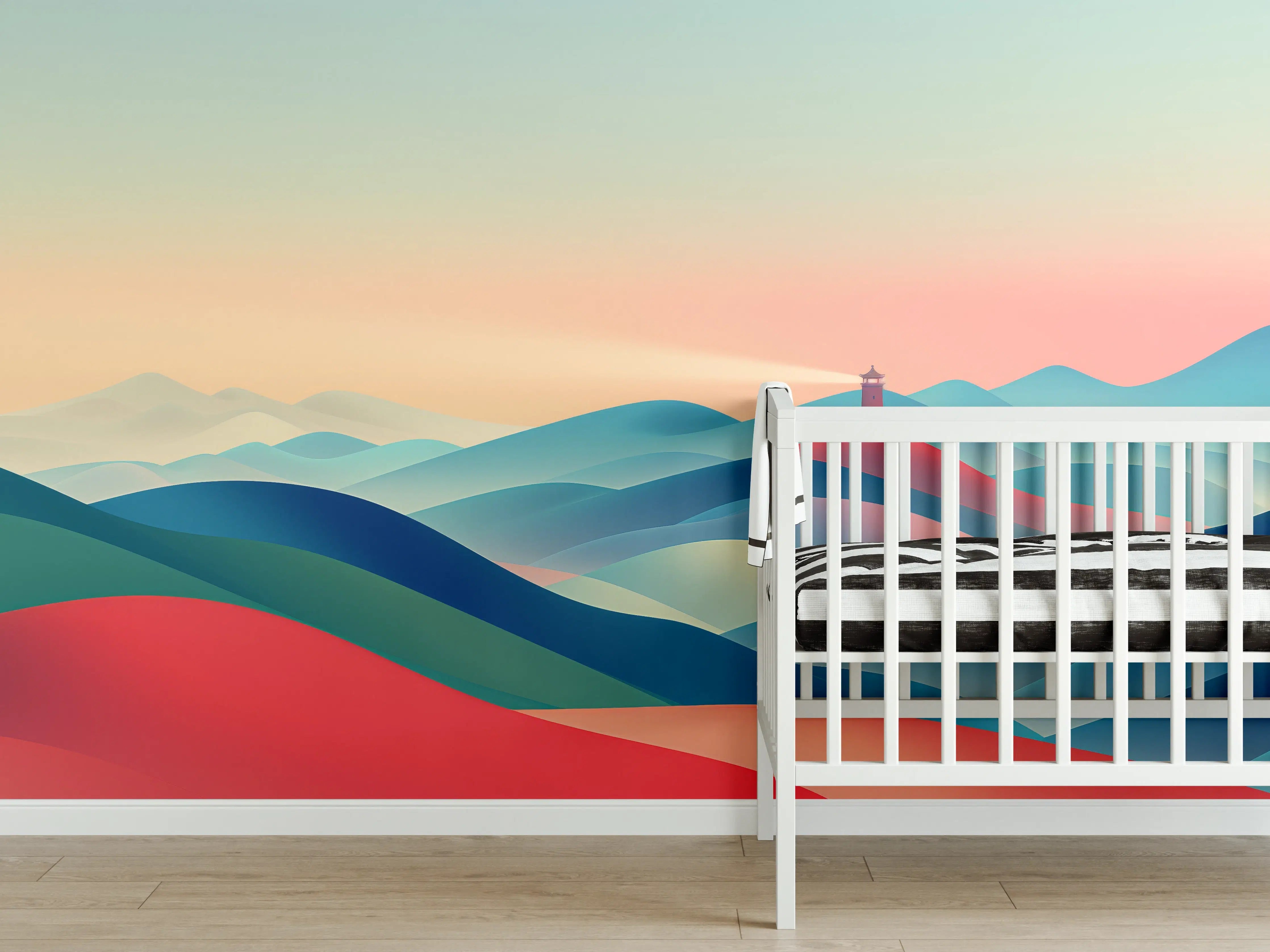 Babyzimmer Wandgestaltung - Bunte abstrakte Landschaft mit Leuchtturm