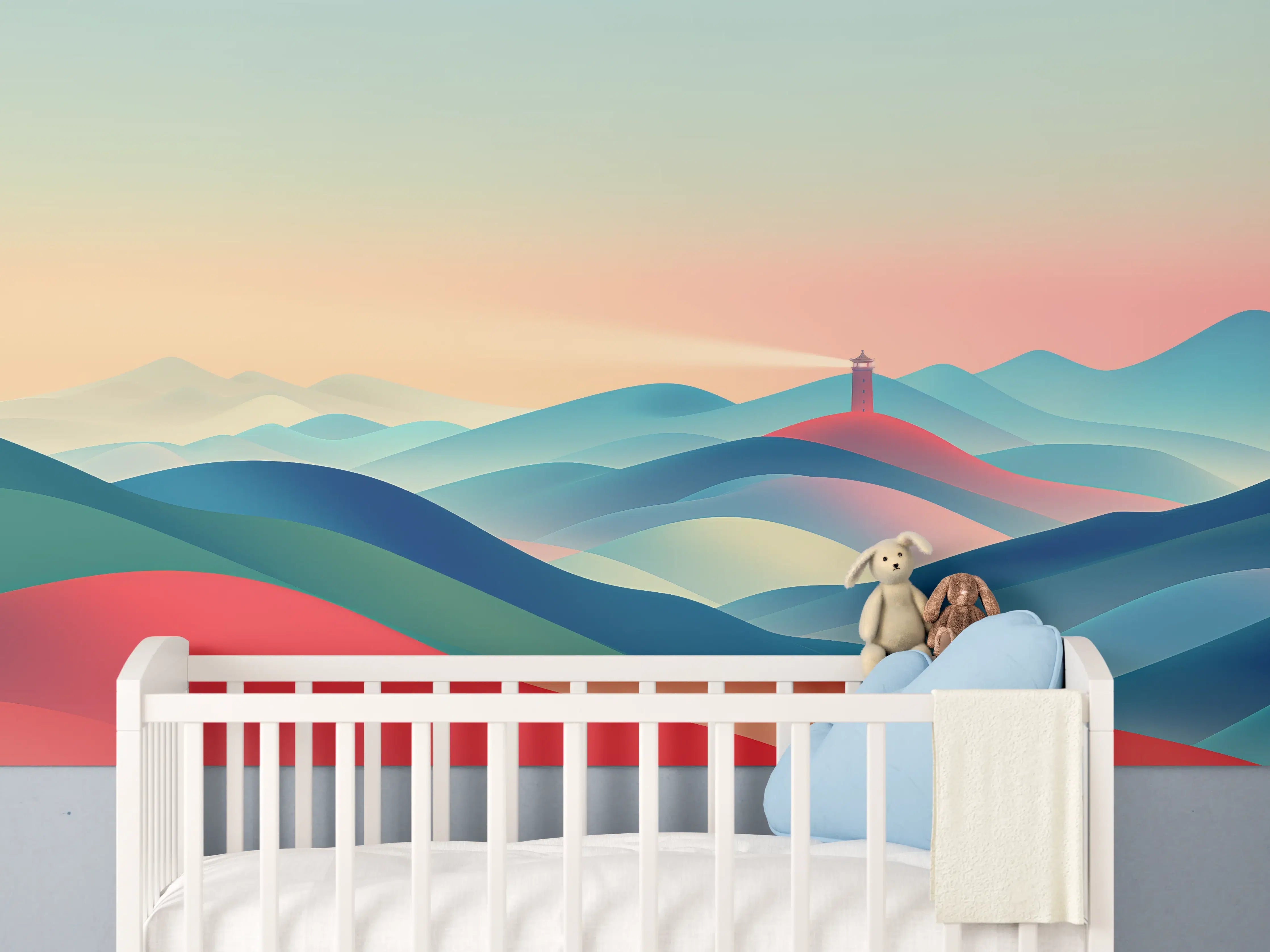 Babyzimmer Wandgestaltung - Bunte abstrakte Landschaft mit Leuchtturm