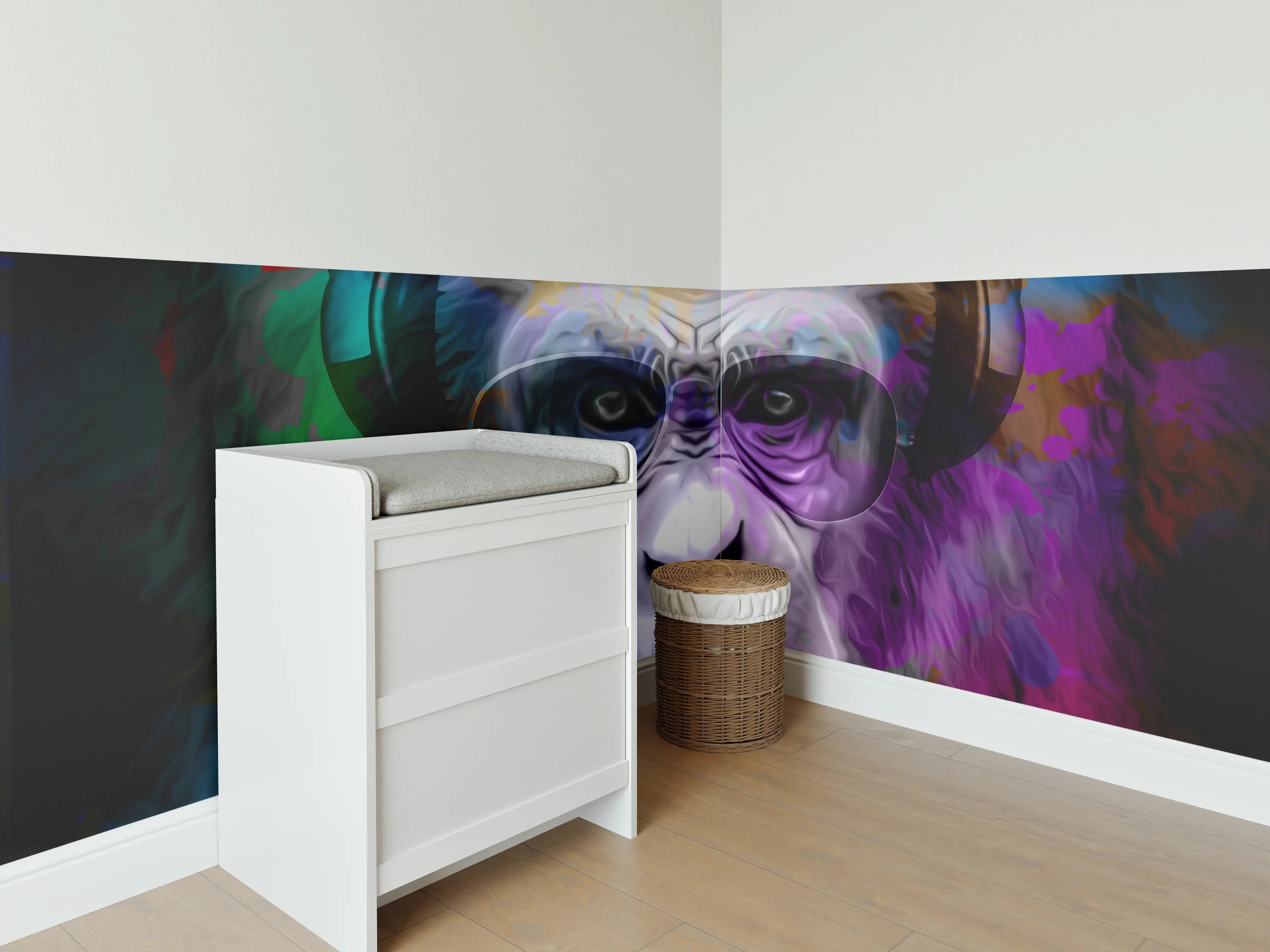 Babyzimmer Wandgestaltung - Bunter Affenkopf mit Brille und Kopfhörern
