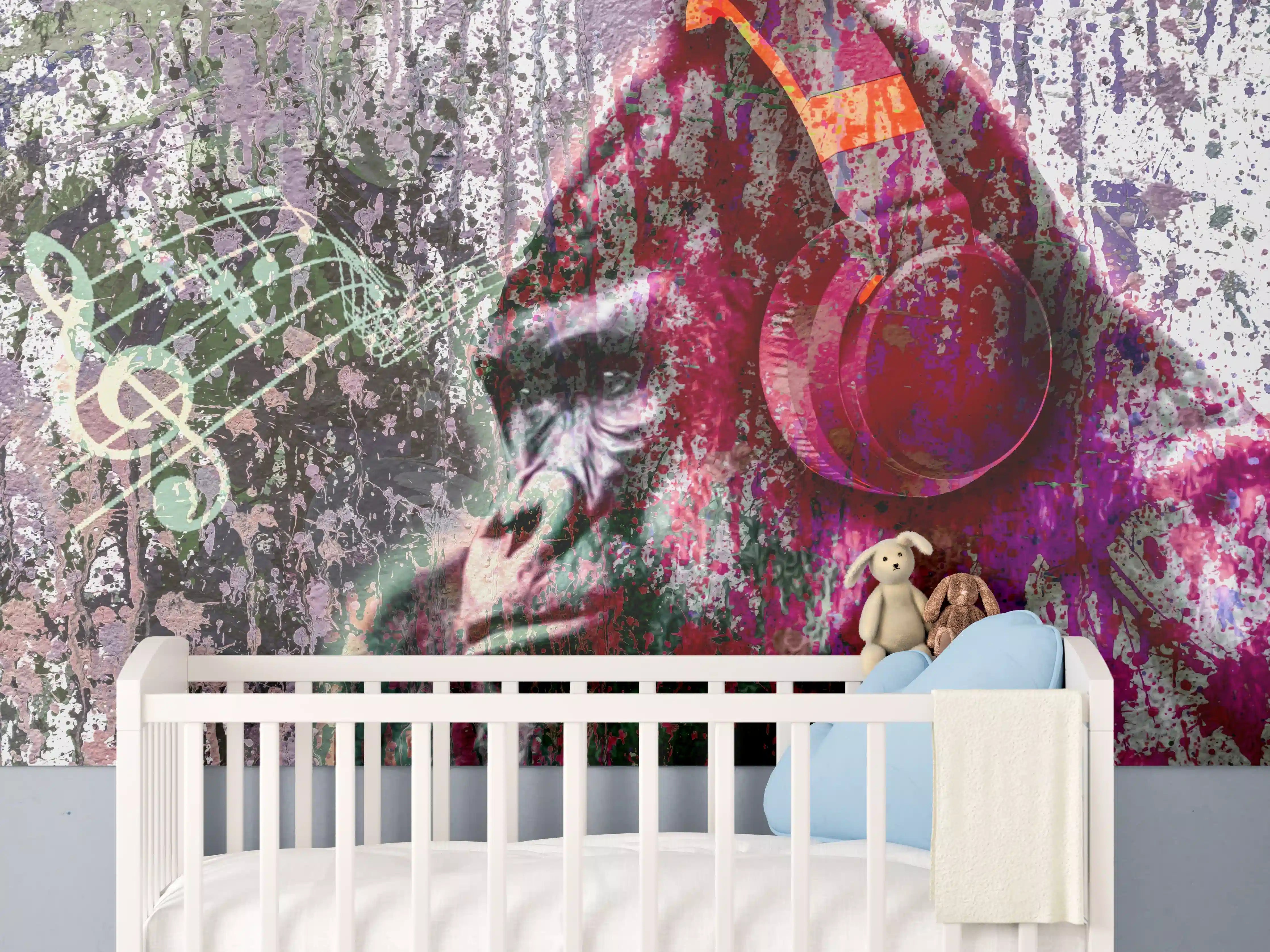 Babyzimmer Wandgestaltung - Bunter Affenkopf mit Musik-Elementen