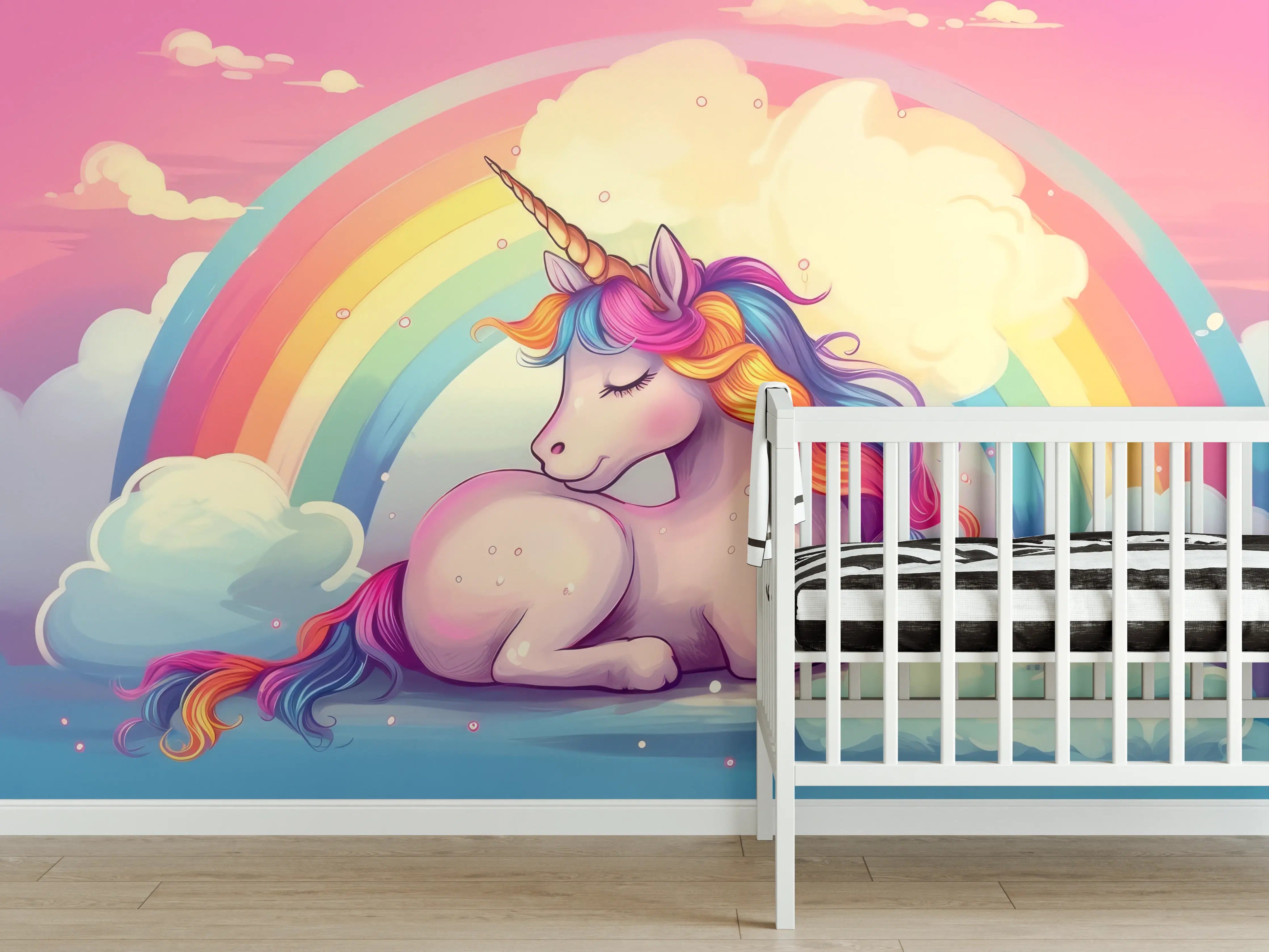 Babyzimmer Wandgestaltung - Bunter Einhorn mit Regenbogen und Wolken