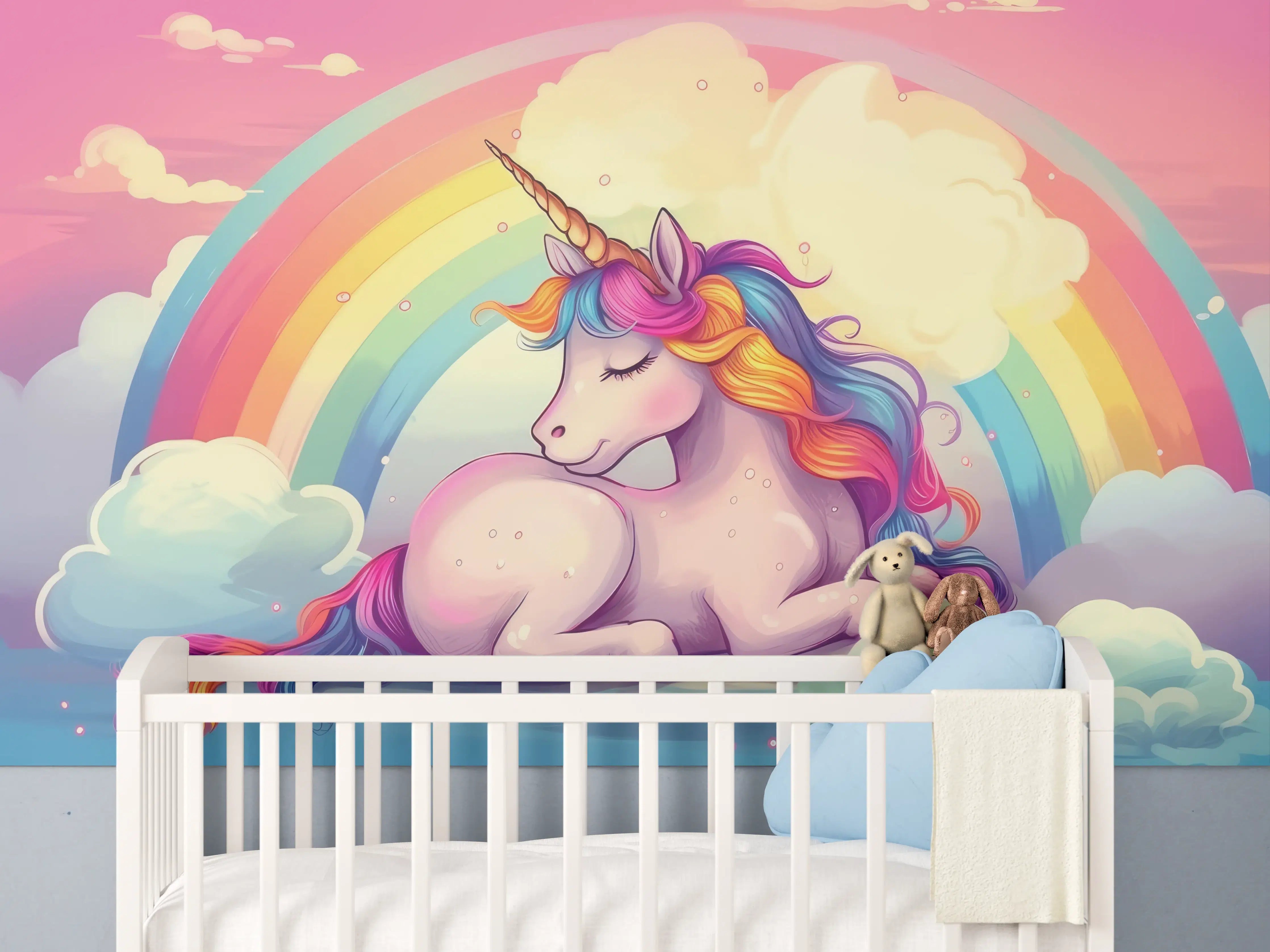 Babyzimmer Wandgestaltung - Bunter Einhorn mit Regenbogen und Wolken