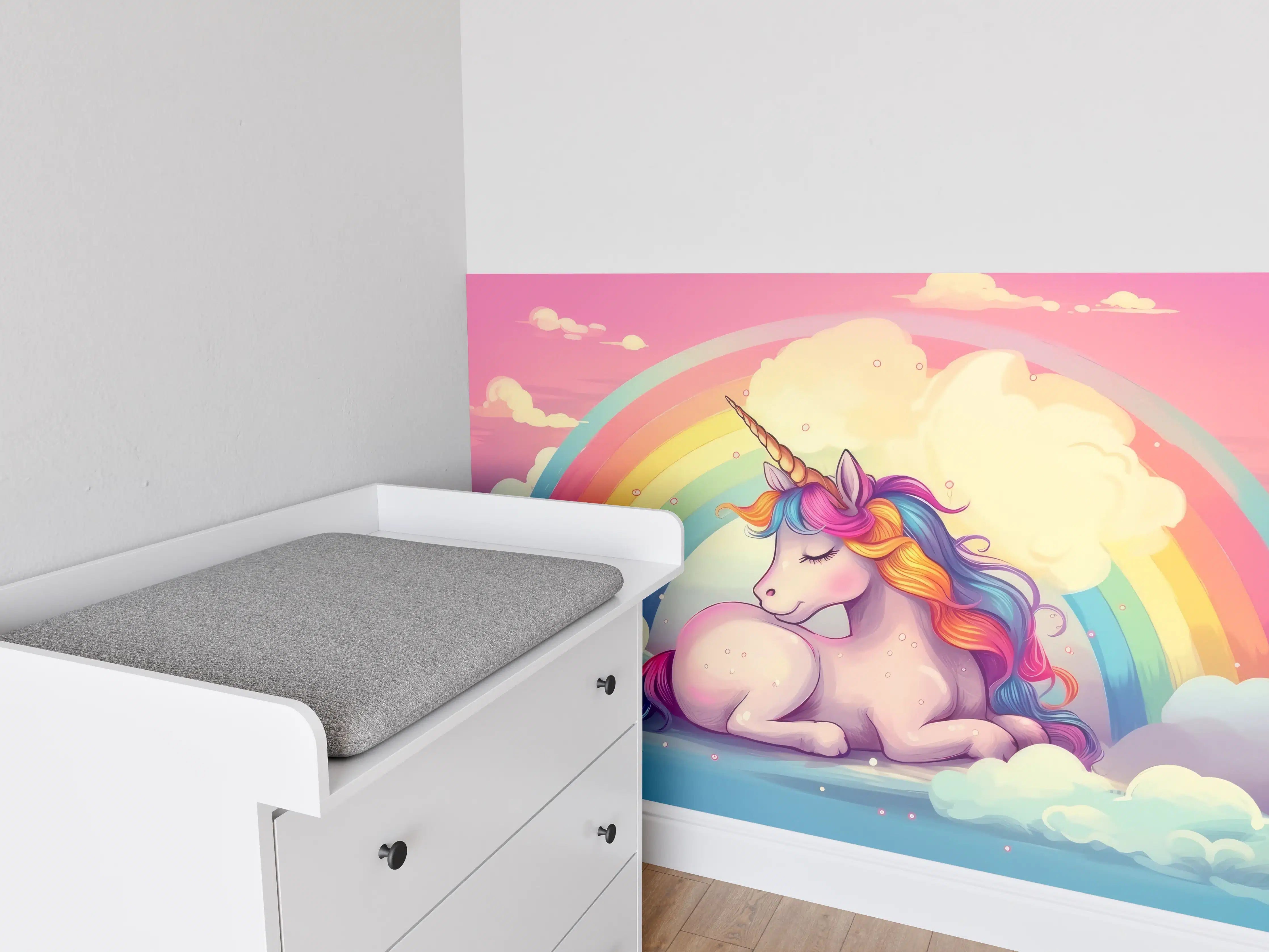Babyzimmer Wandgestaltung - Bunter Einhorn mit Regenbogen und Wolken