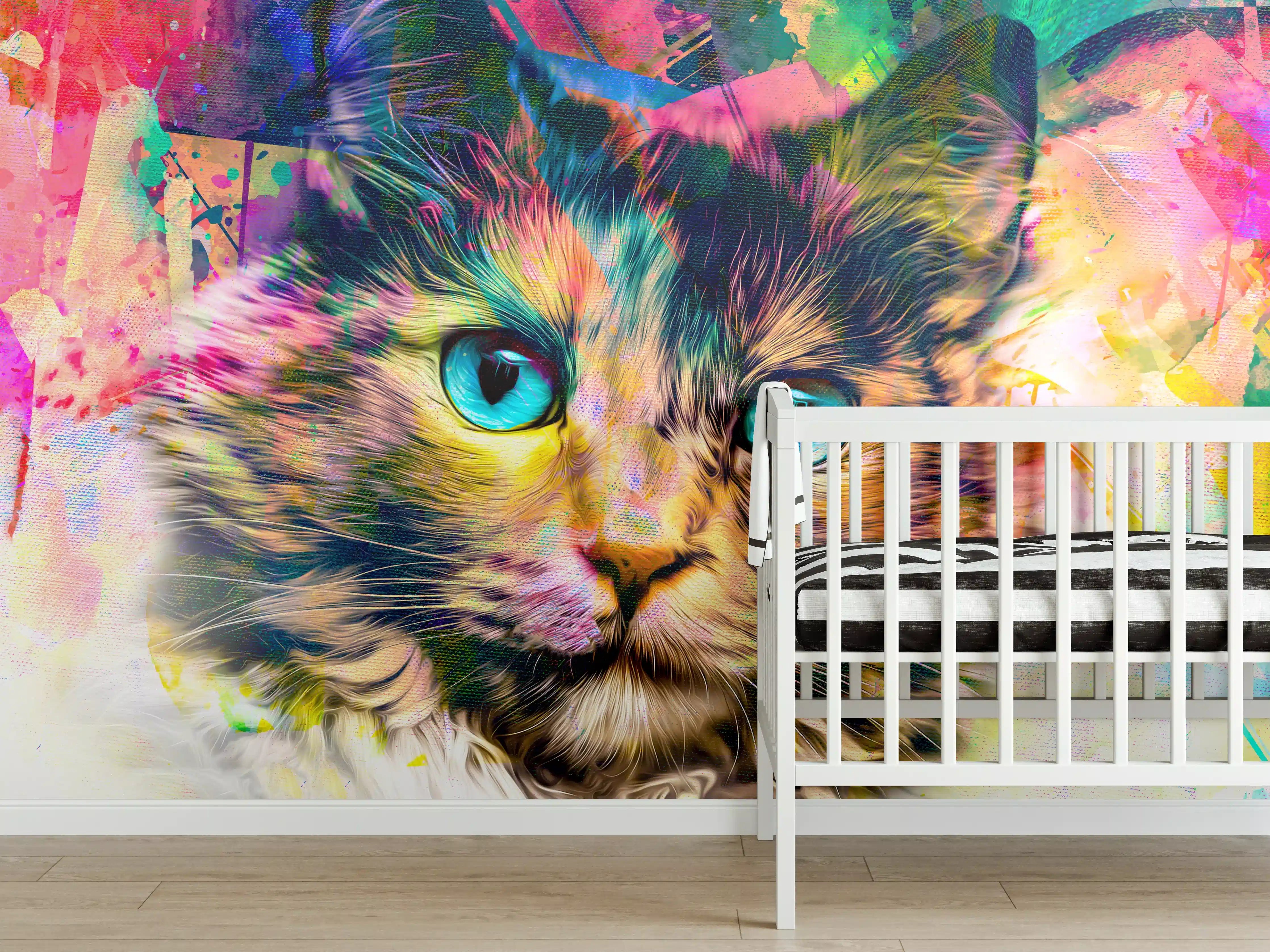 Babyzimmer Wandgestaltung - Bunter Katzenkopf mit abstrakten Elementen