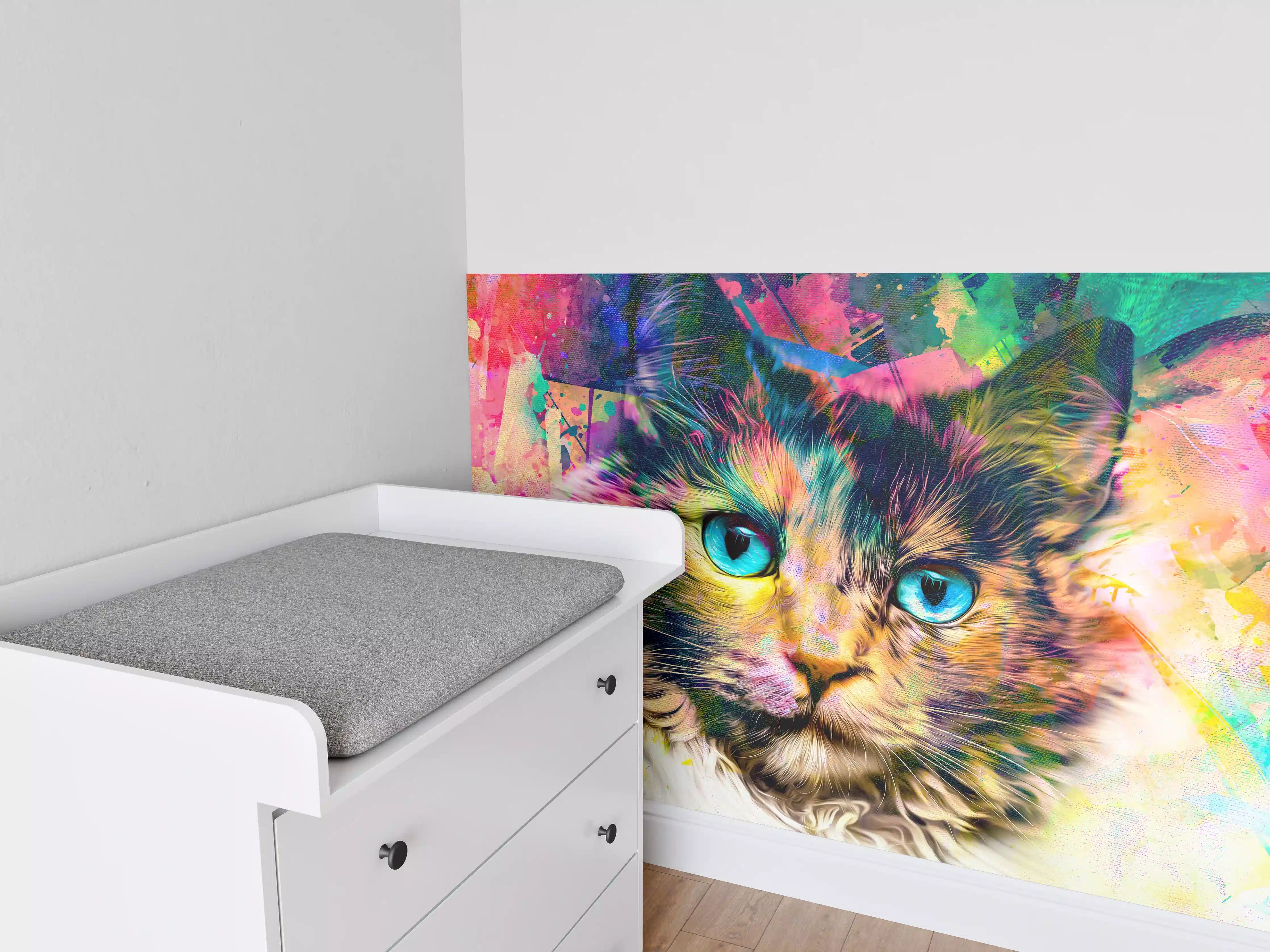 Babyzimmer Wandgestaltung - Bunter Katzenkopf mit abstrakten Elementen
