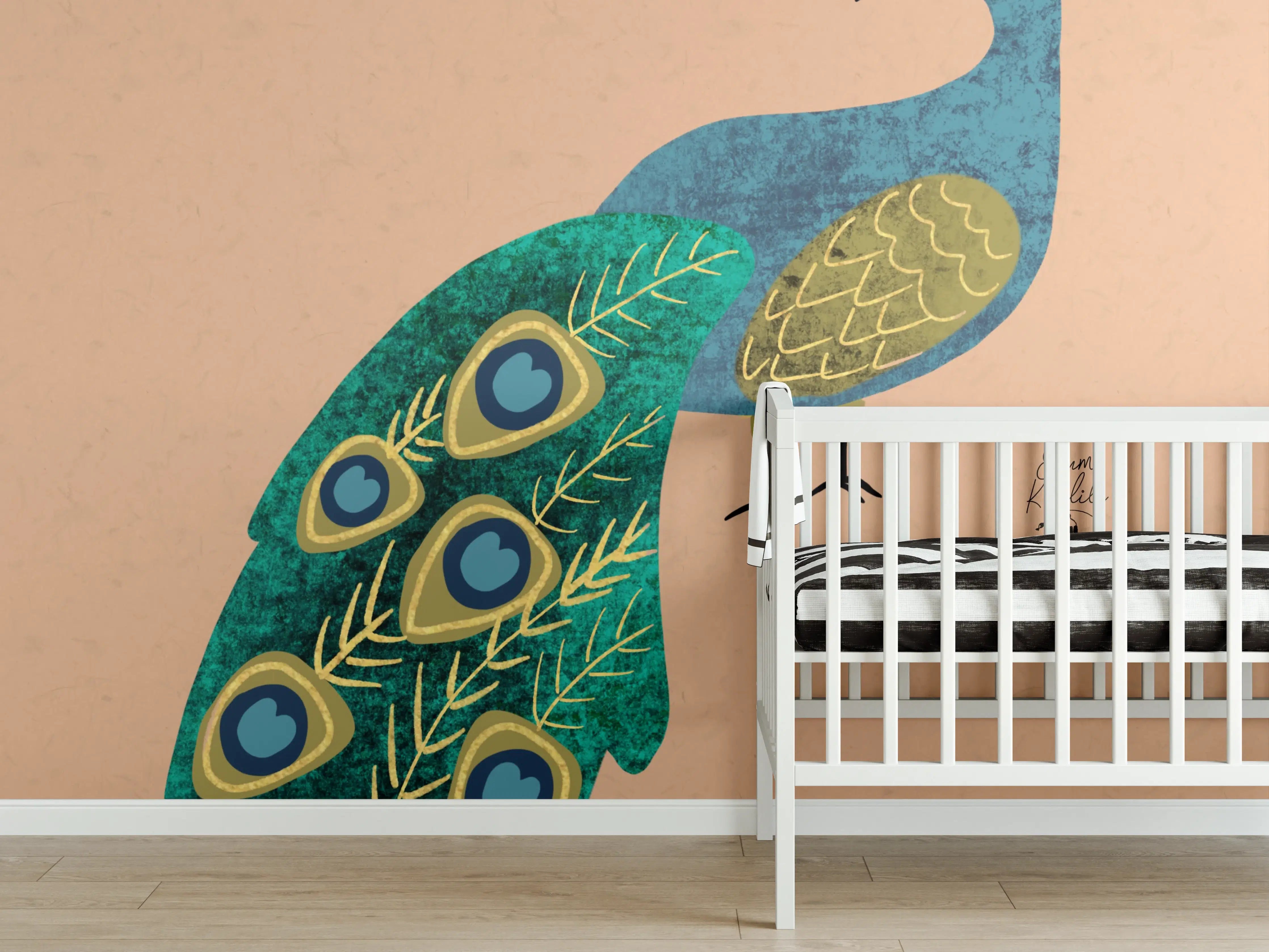 Babyzimmer Wandgestaltung - Bunter Pfauenvogel auf rosafarbenem Hintergrund