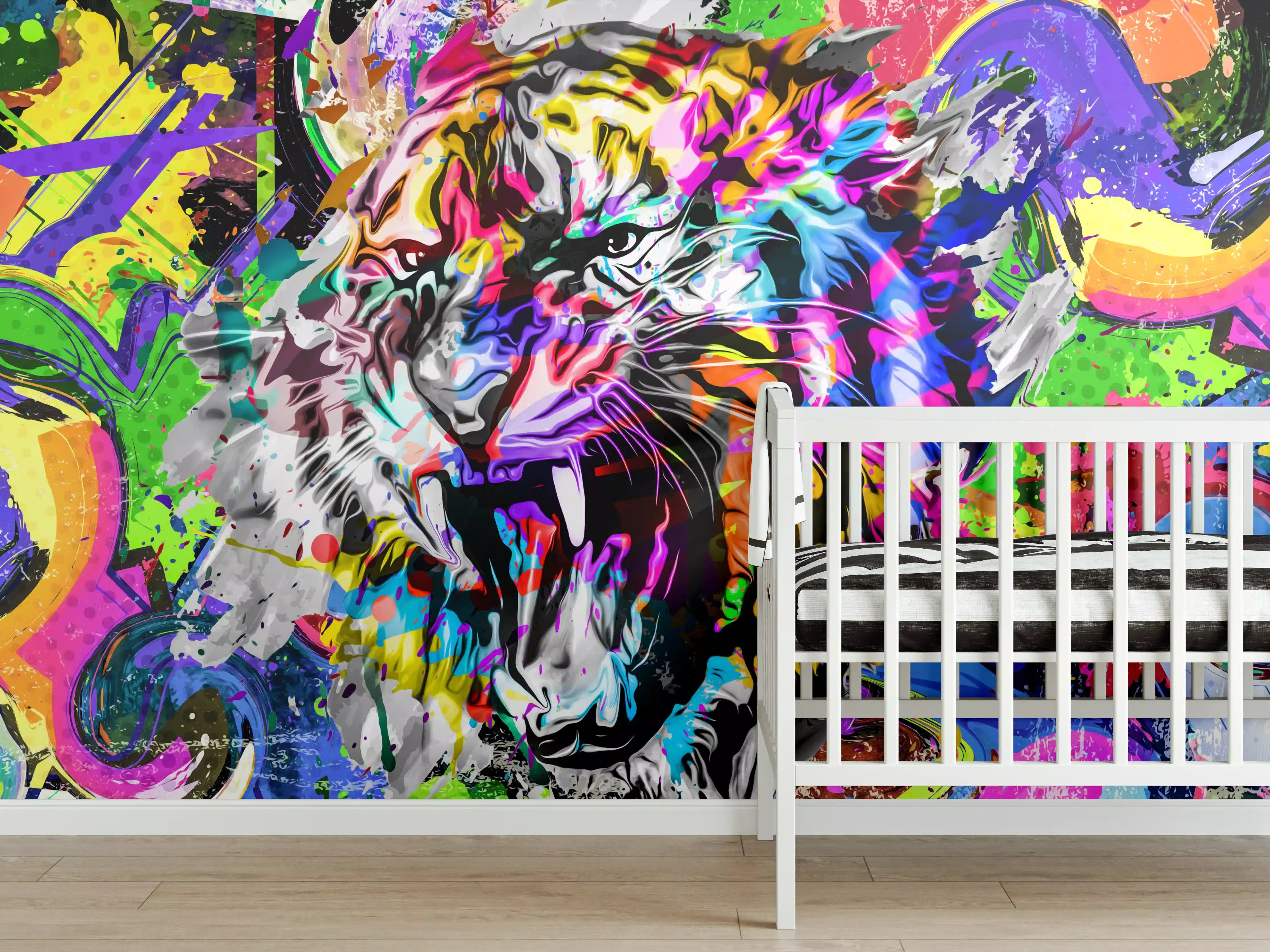 Babyzimmer Wandgestaltung - Bunter Tigerkopf mit abstrakten Elementen 