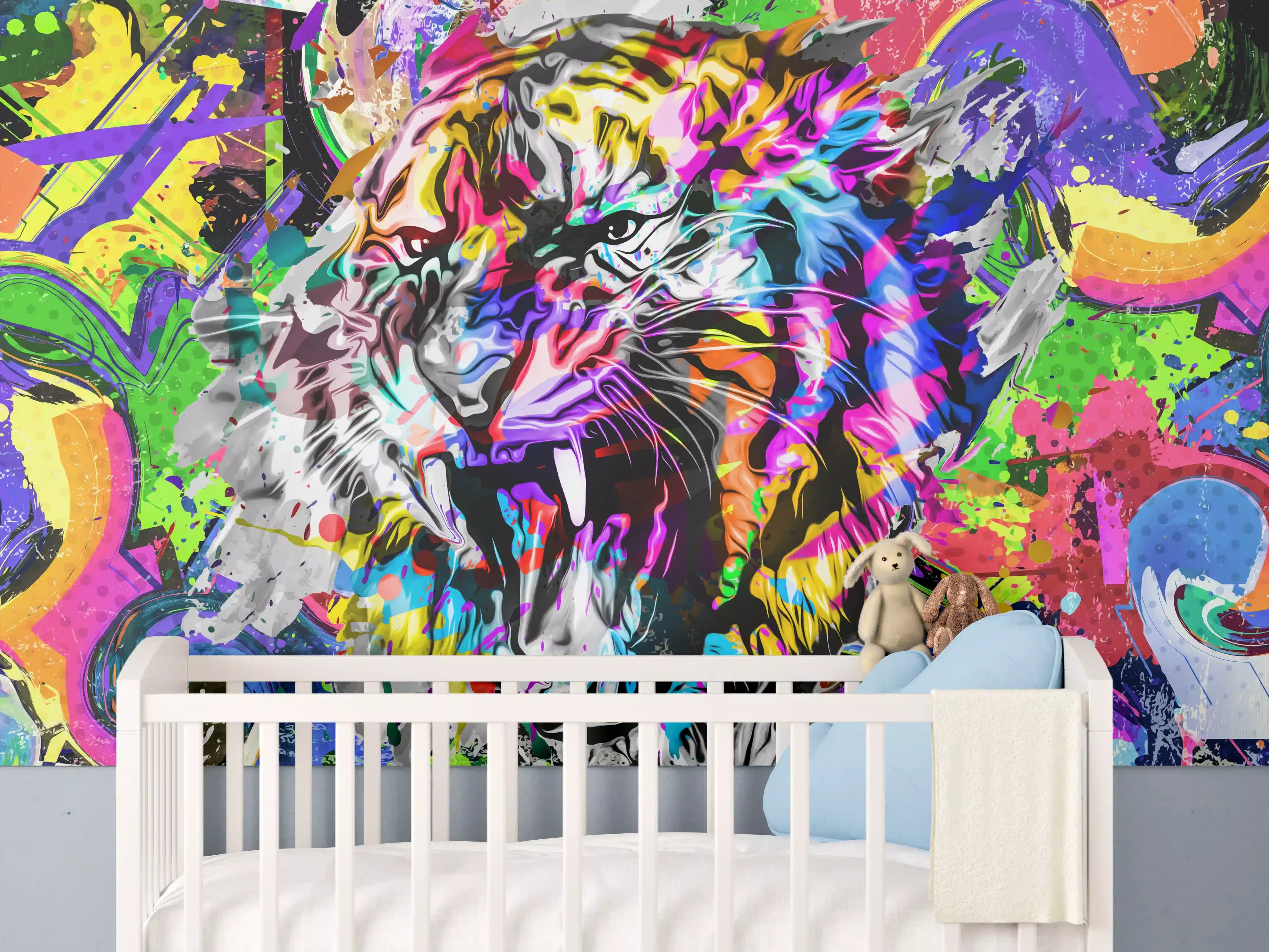 Babyzimmer Wandgestaltung - Bunter Tigerkopf mit abstrakten Elementen 