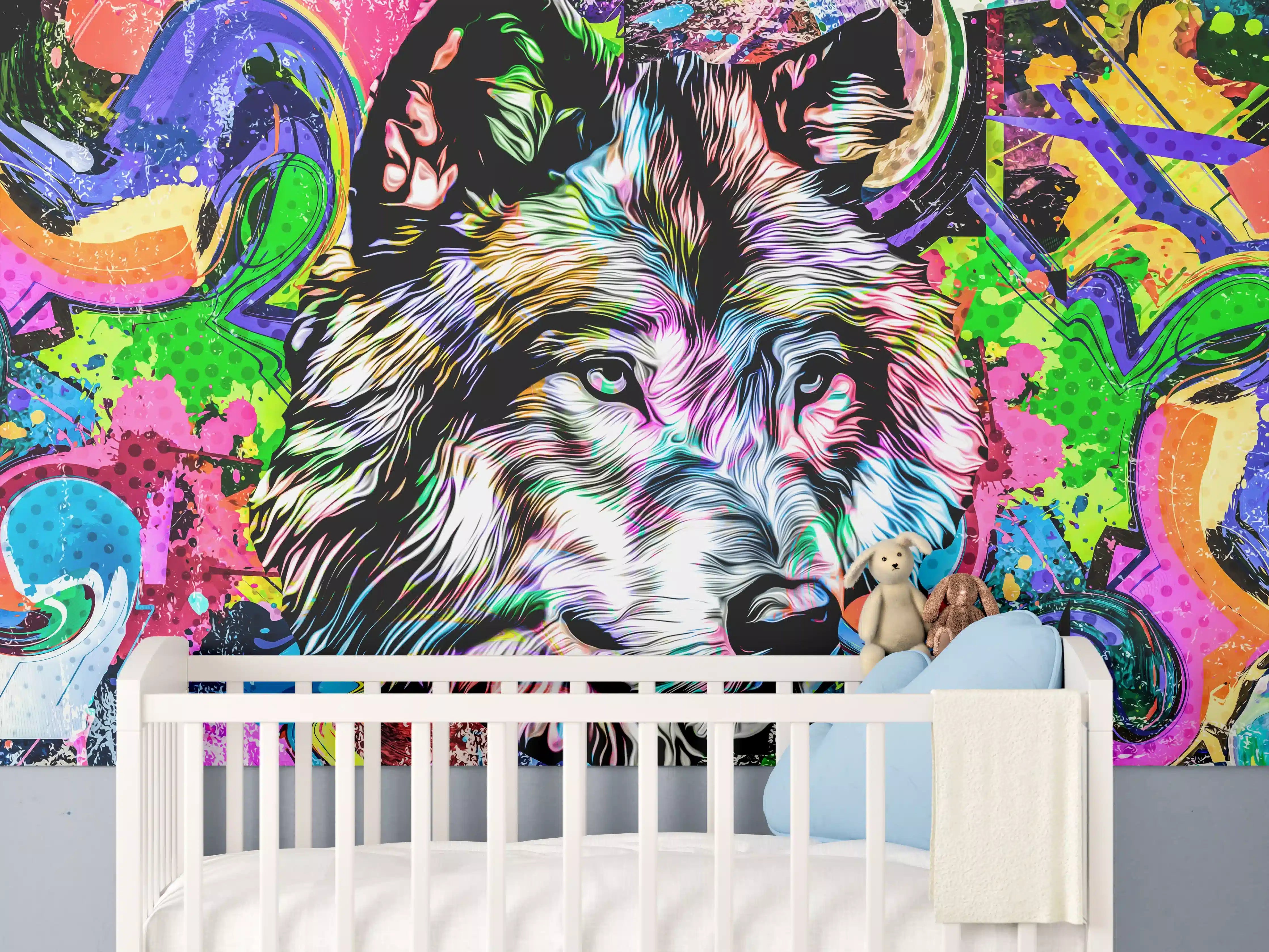 Babyzimmer Wandgestaltung - Bunter Wolfskopf mit abstrakten Elementen 