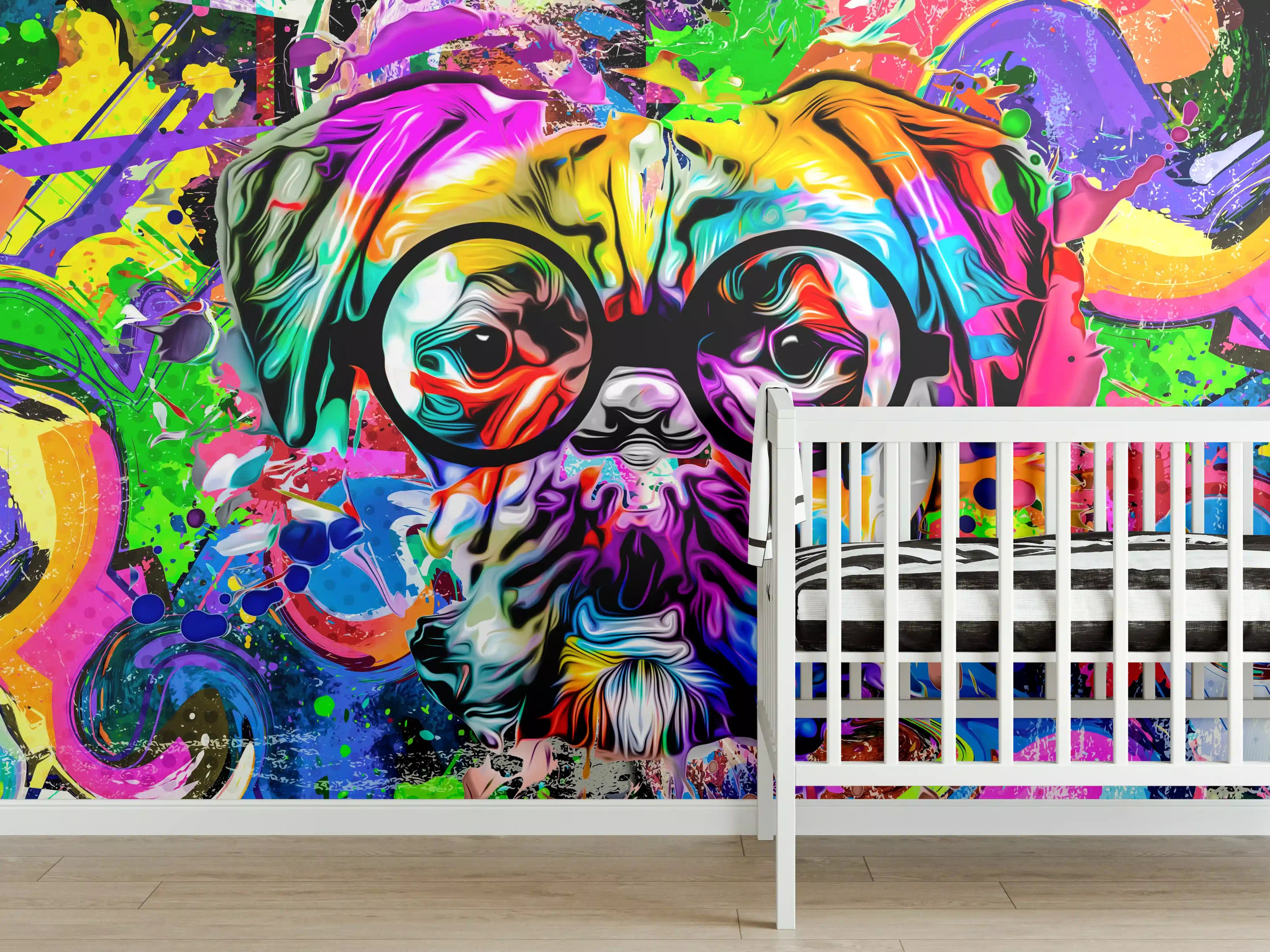 Babyzimmer Wandgestaltung - Bunter abstrakter Hundekopf mit Brille