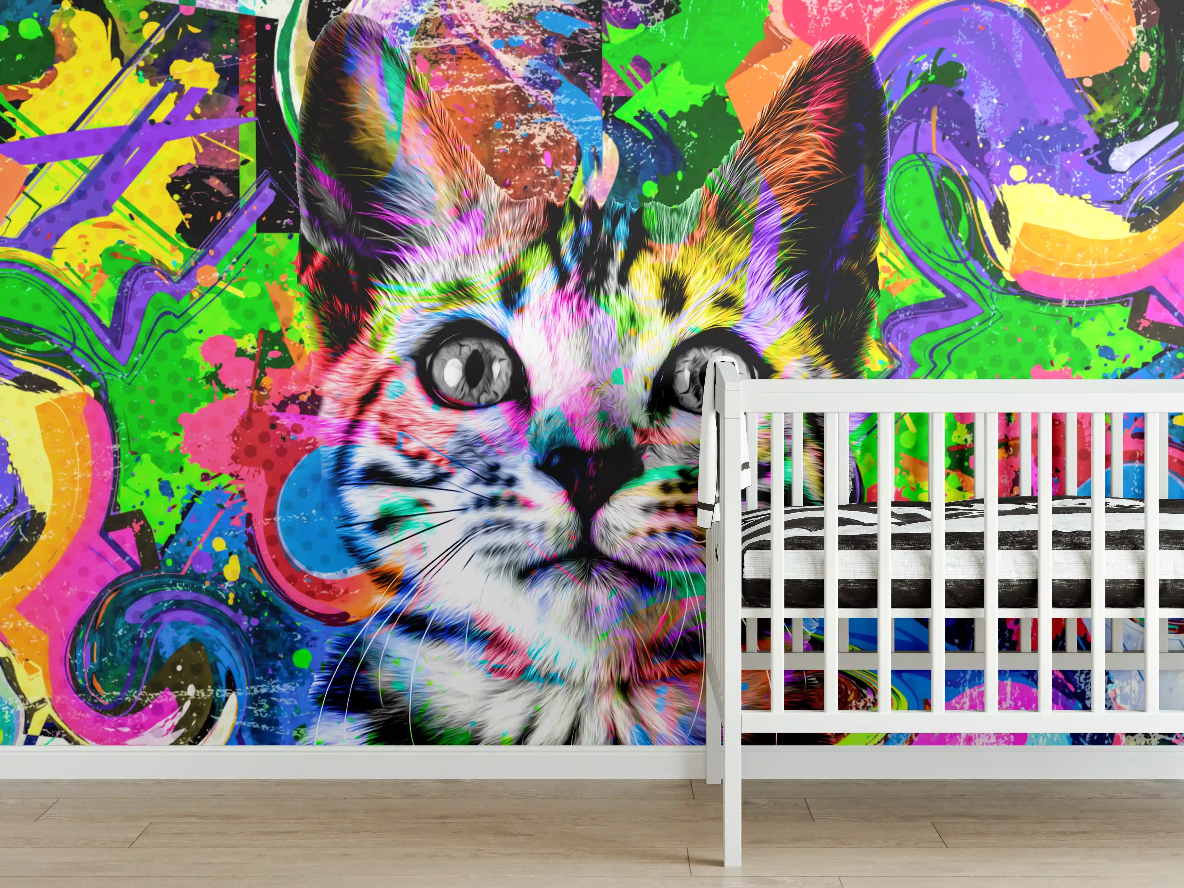 Babyzimmer Wandgestaltung - Bunter abstrakter Katzenkopf