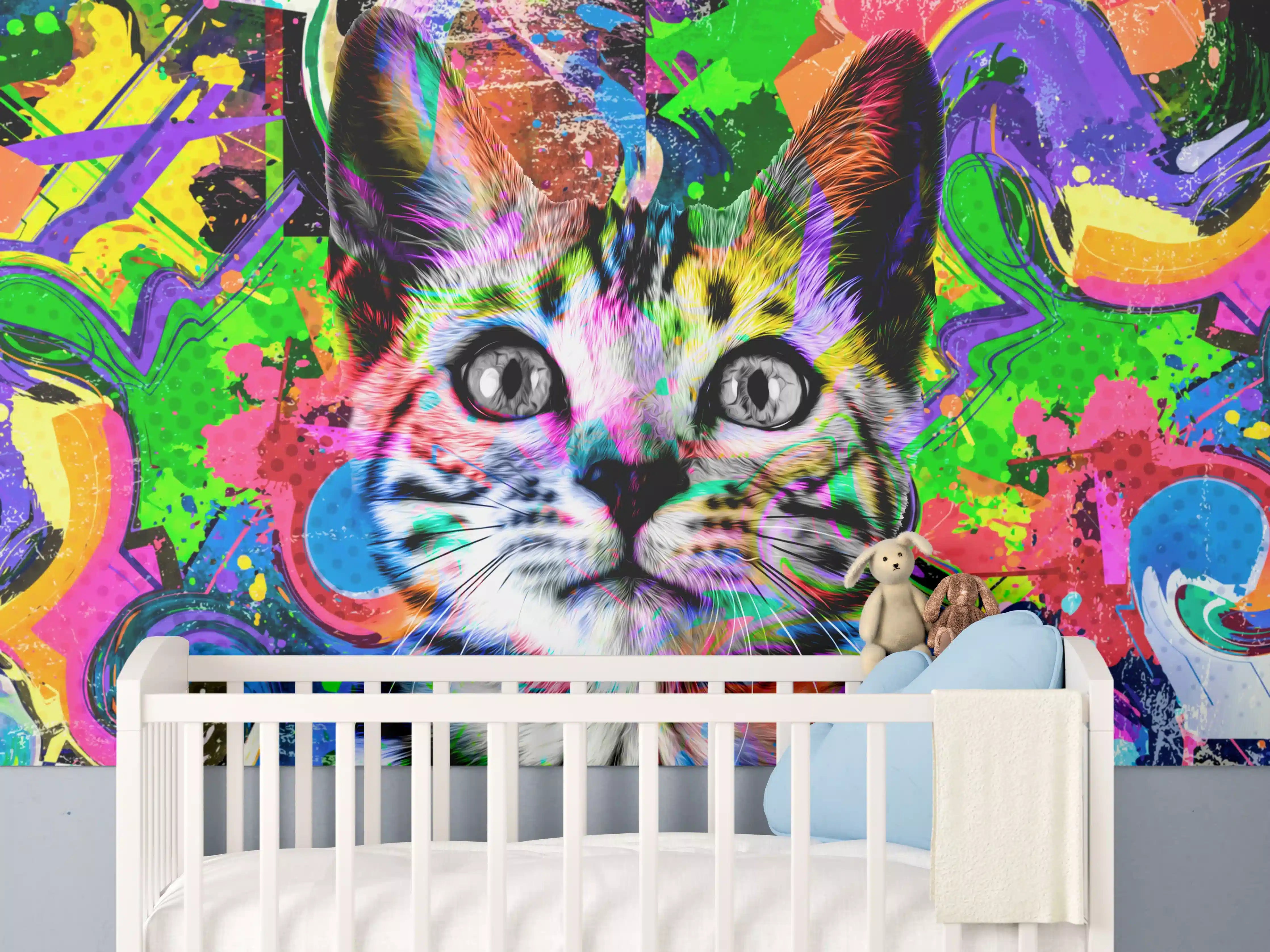Babyzimmer Wandgestaltung - Bunter abstrakter Katzenkopf