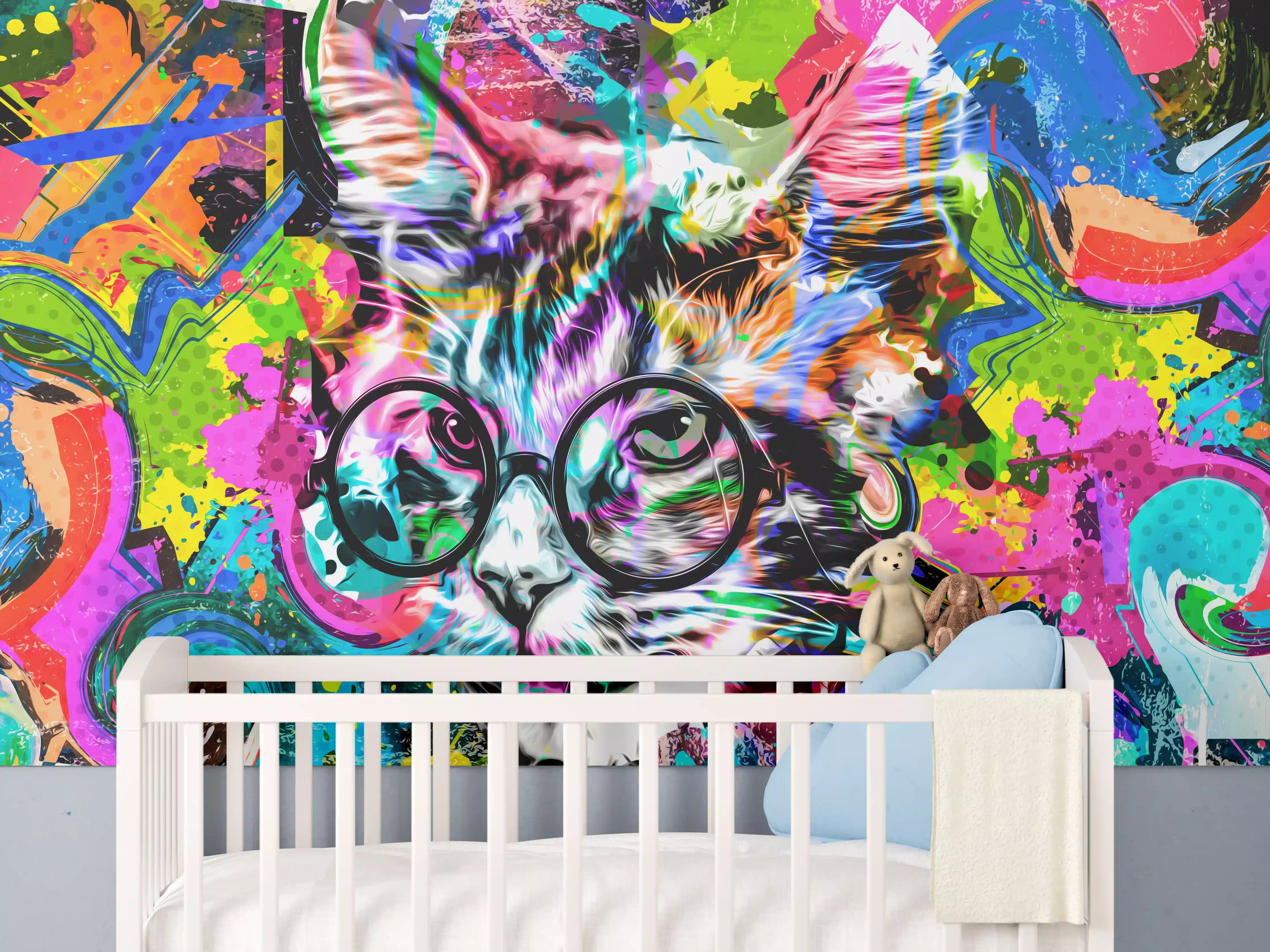 Babyzimmer Wandgestaltung - Bunter abstrakter Katzenkopf mit Brille 