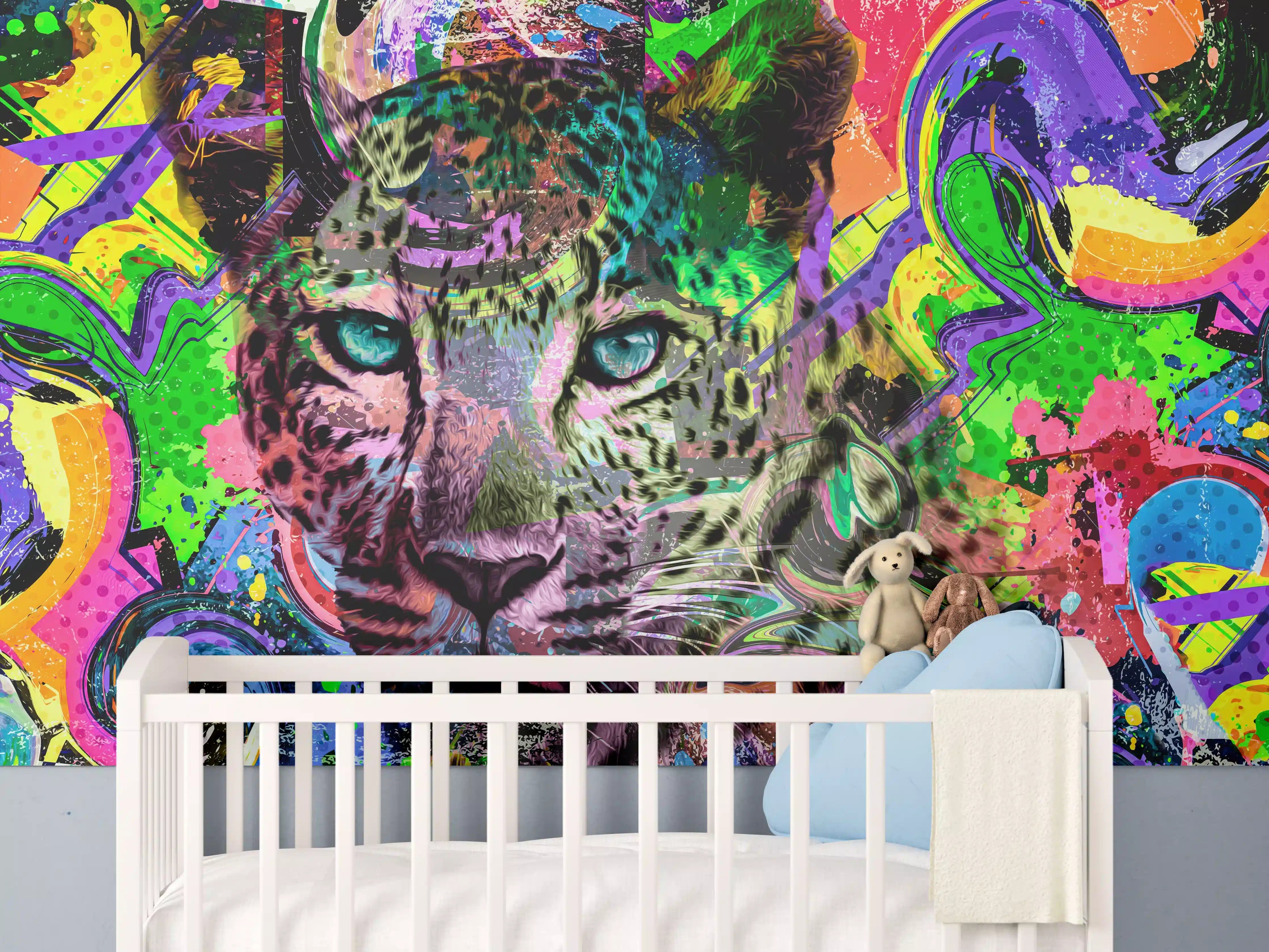 Babyzimmer Wandgestaltung - Bunter abstrakter Leopardenkopf